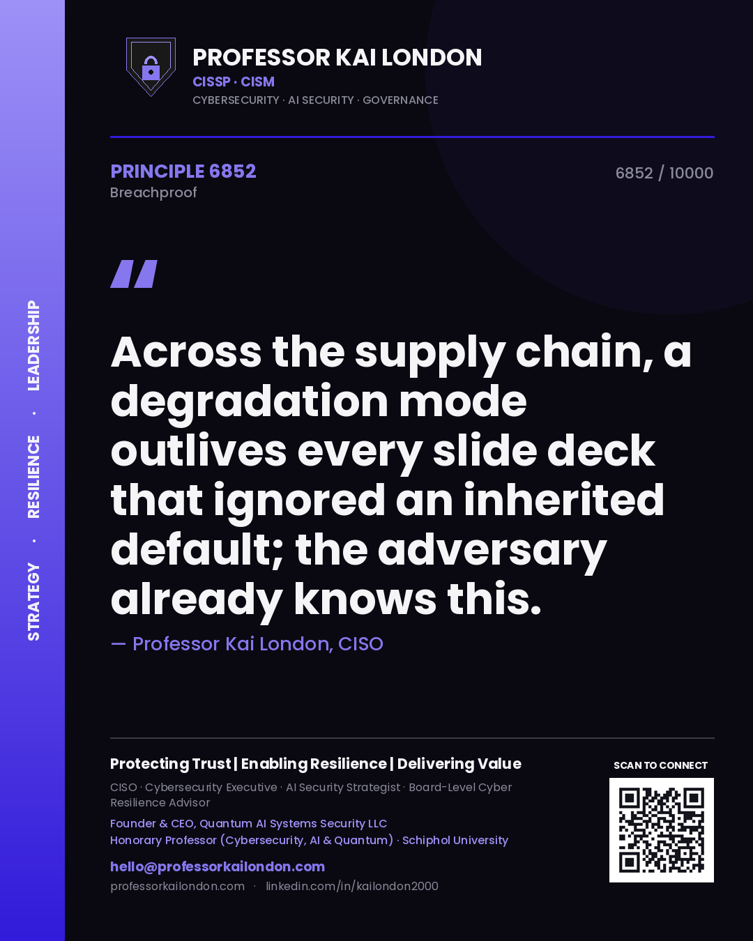 Quote card by Professor Kai London reading 'Across the supply chain, a degradation mode outlives every slide deck that ignored an inherited default; the adversary already knows this.'. From the book Breachproof.