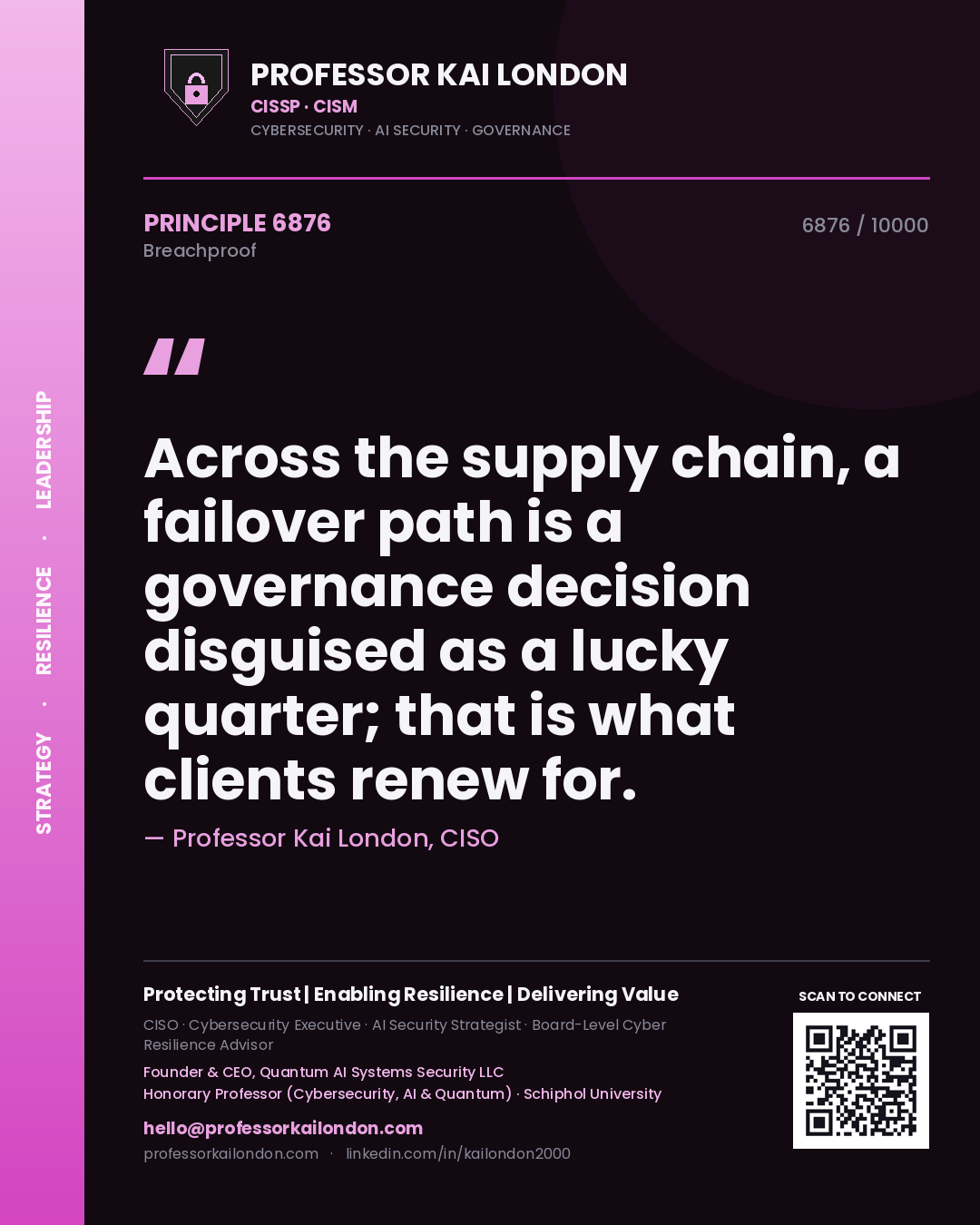 Quote card by Professor Kai London reading 'Across the supply chain, a failover path is a governance decision disguised as a lucky quarter; that is what clients renew for.'. From the book Breachproof.