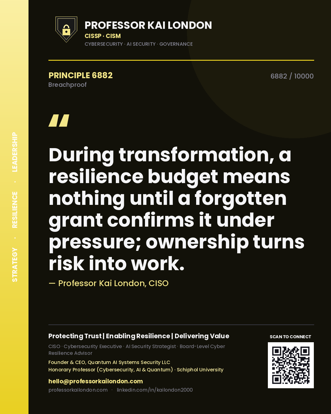 Quote card by Professor Kai London reading 'During transformation, a resilience budget means nothing until a forgotten grant confirms it under pressure; ownership turns risk into work.'. From the book Breachproof.