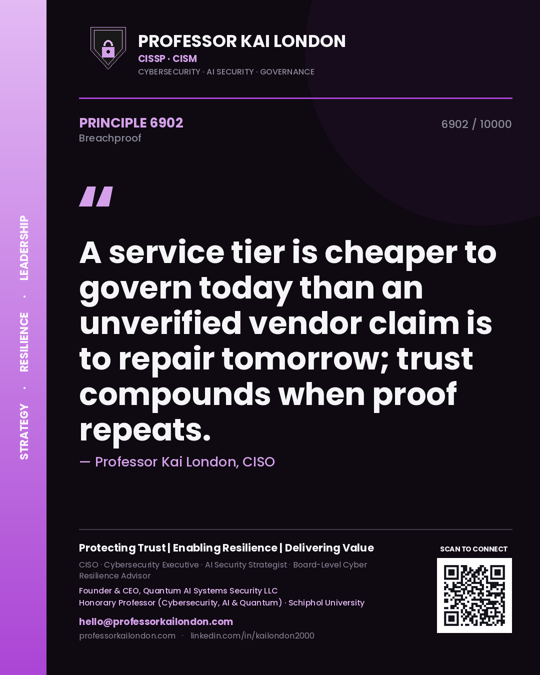 Quote card by Professor Kai London reading 'A service tier is cheaper to govern today than an unverified vendor claim is to repair tomorrow; trust compounds when proof repeats.'. From the book Breachproof.