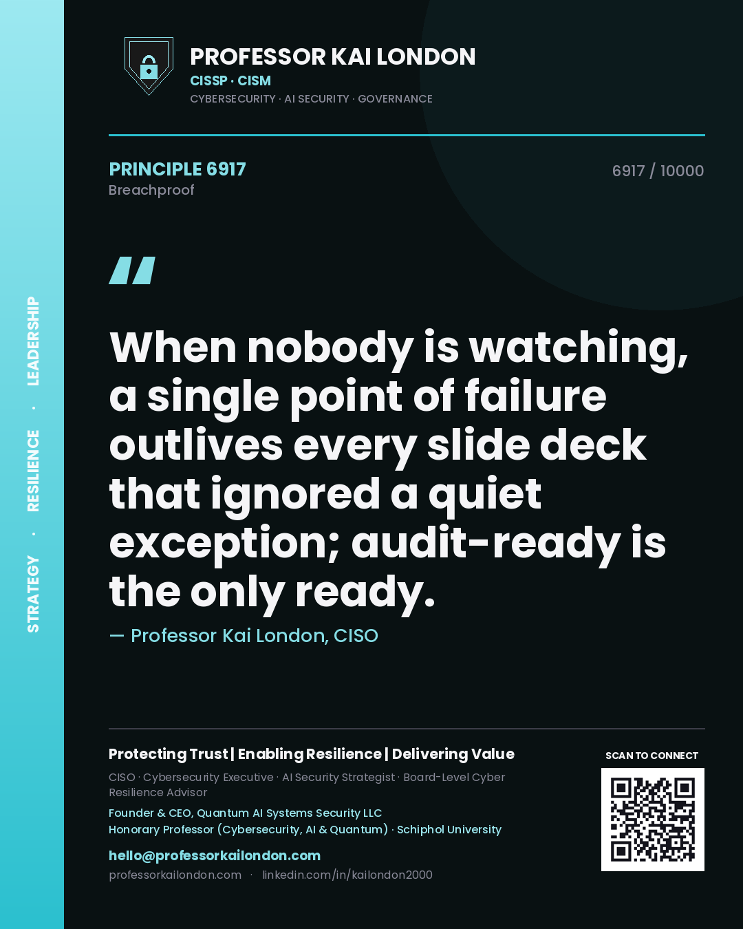 Quote card by Professor Kai London reading 'When nobody is watching, a single point of failure outlives every slide deck that ignored a quiet exception; audit-ready is the only ready.'. From the book Breachproof.