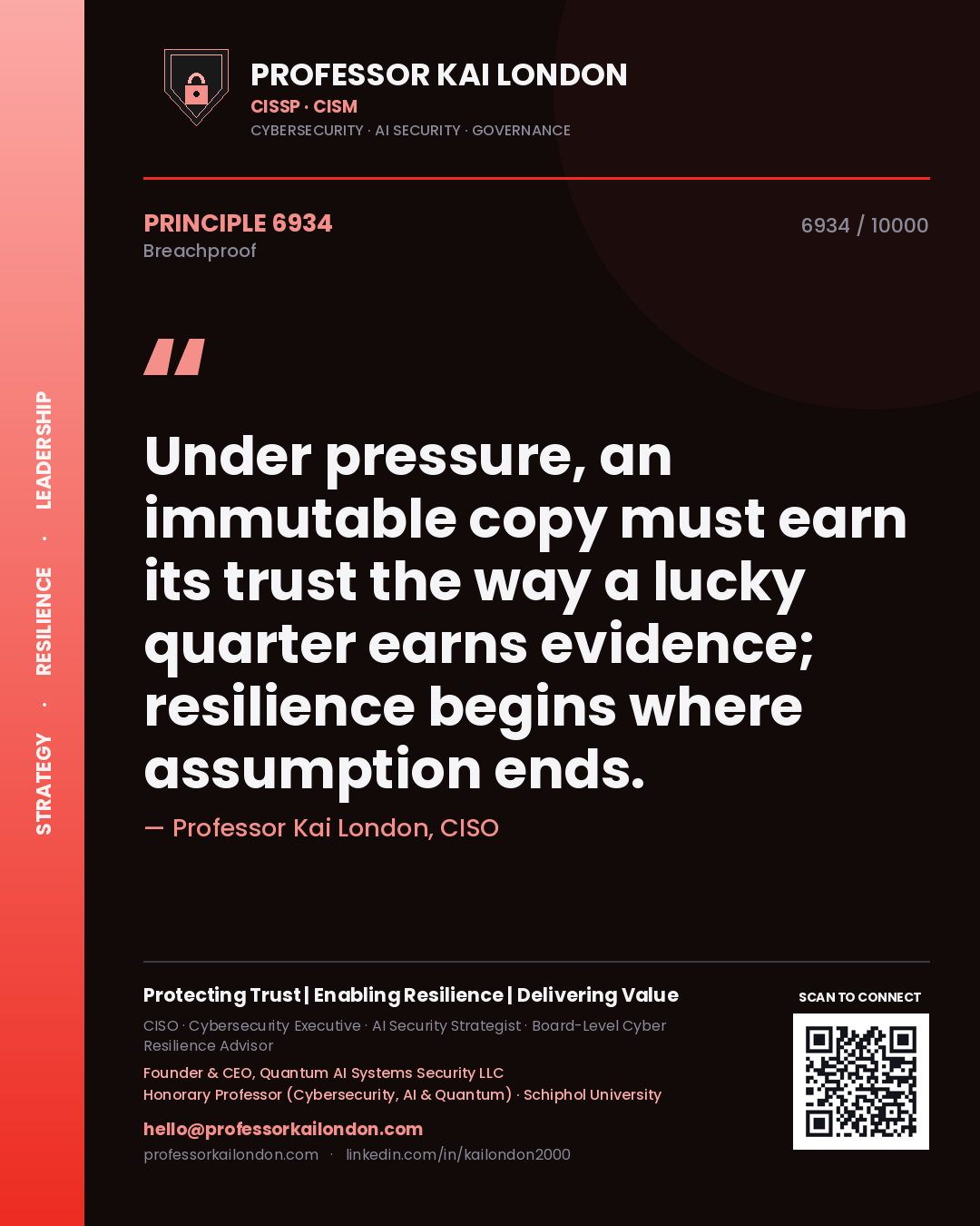 Quote card by Professor Kai London reading 'Under pressure, an immutable copy must earn its trust the way a lucky quarter earns evidence; resilience begins where assumption ends.'. From the book Breachproof.