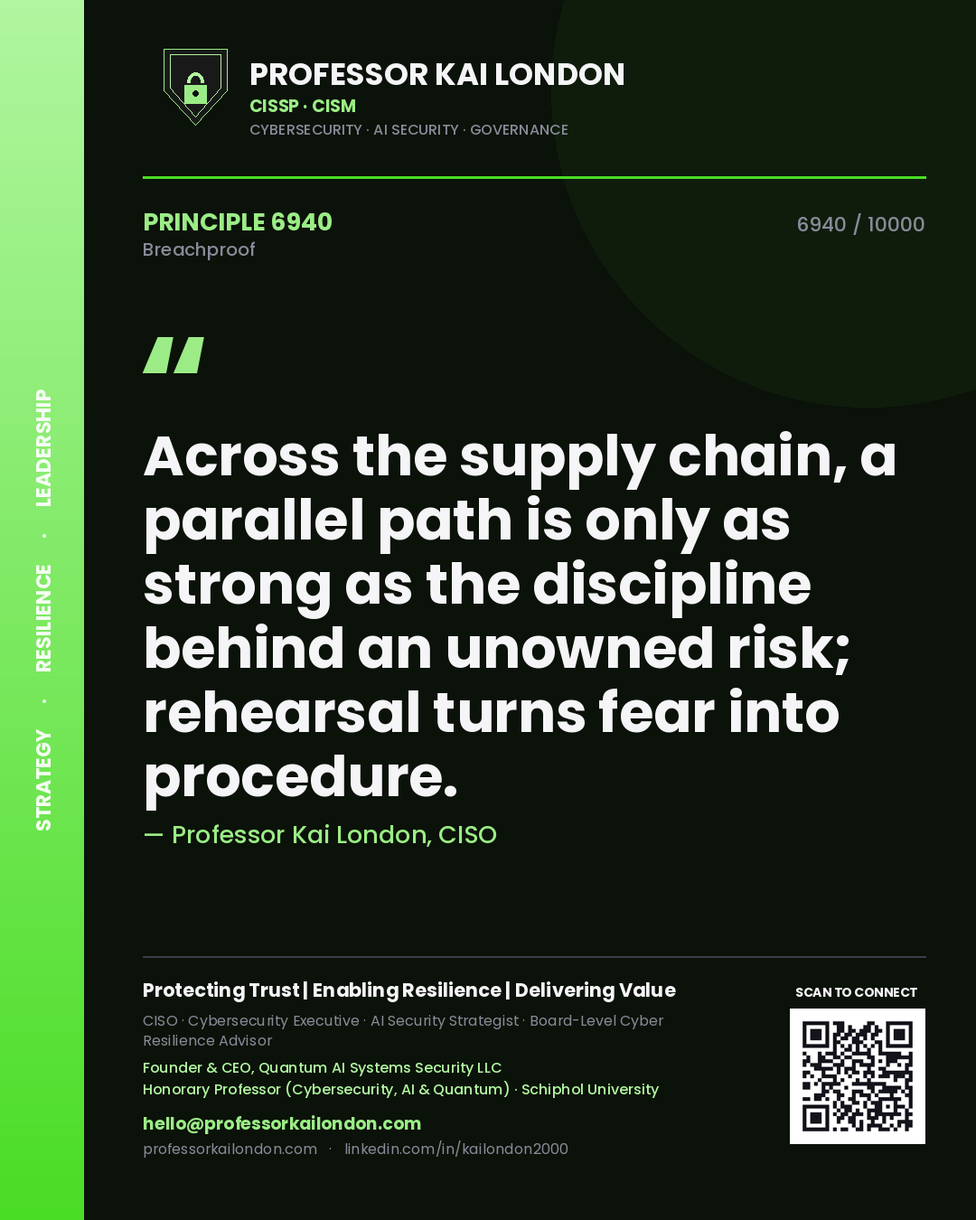 Quote card by Professor Kai London reading 'Across the supply chain, a parallel path is only as strong as the discipline behind an unowned risk; rehearsal turns fear into procedure.'. From the book Breachproof.