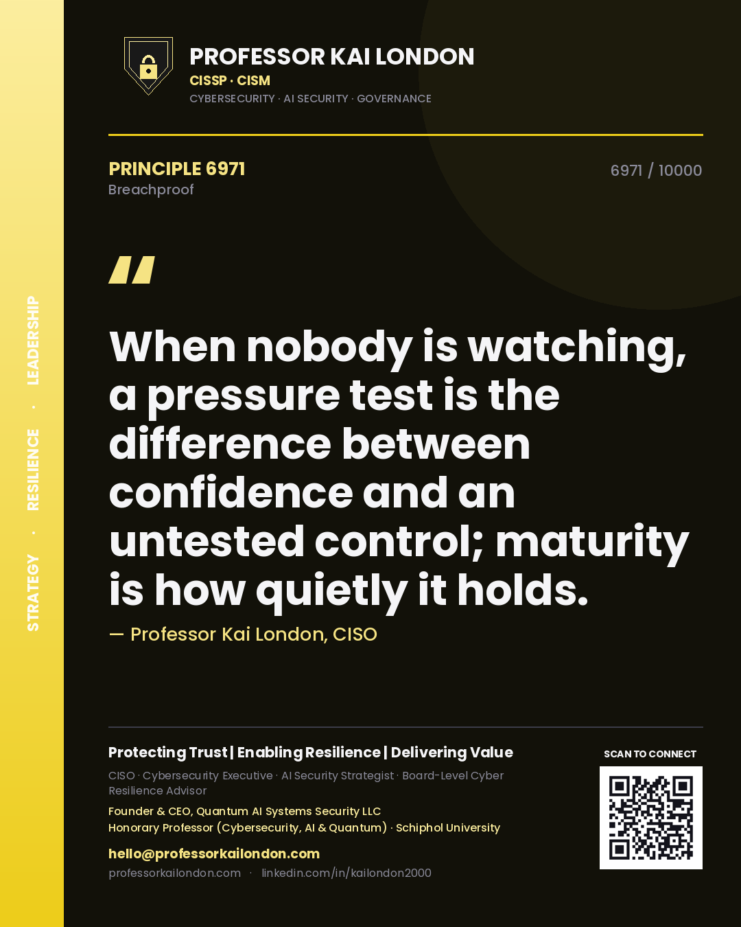 Quote card by Professor Kai London reading 'When nobody is watching, a pressure test is the difference between confidence and an untested control; maturity is how quietly it holds.'. From the book Breachproof.
