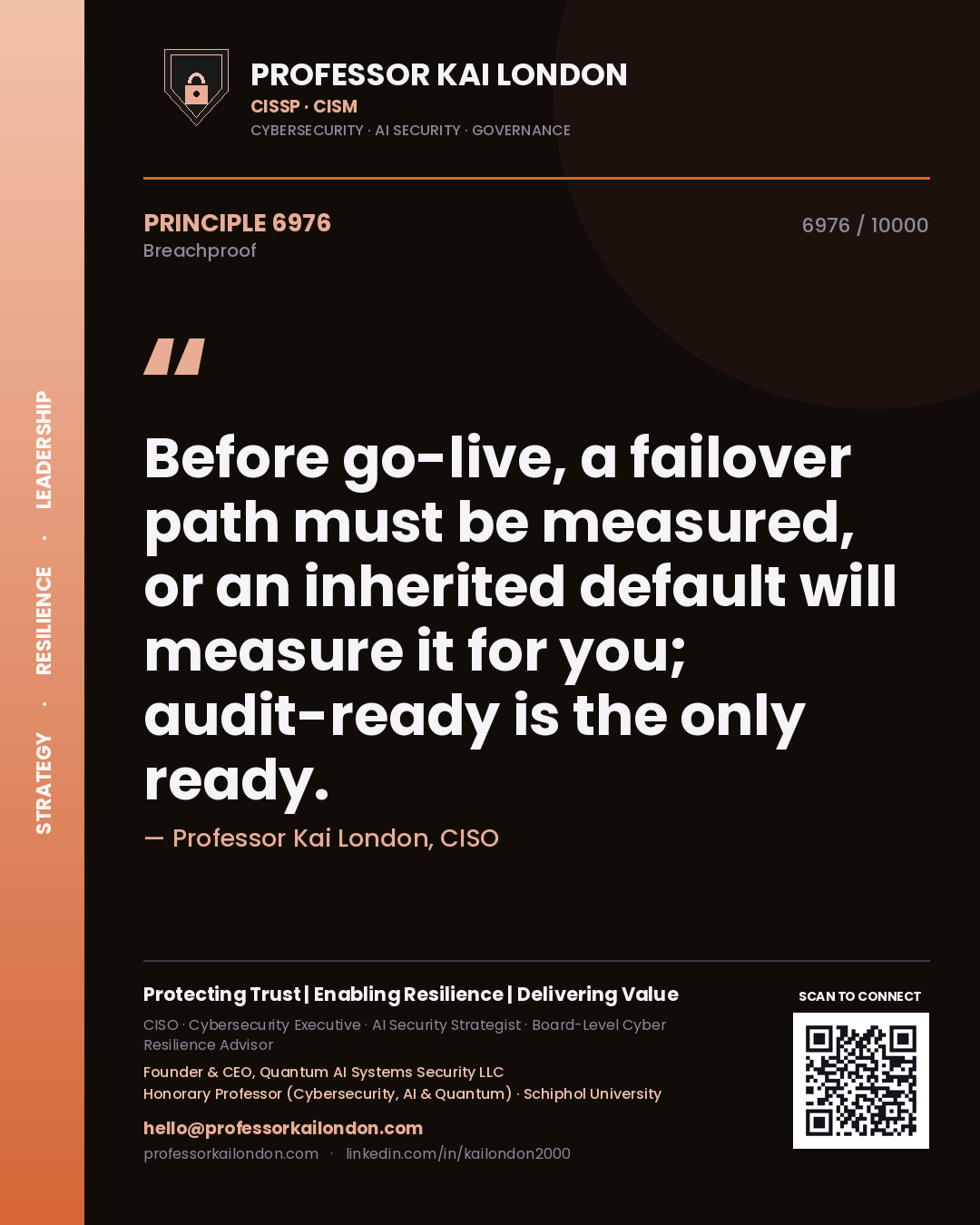 Quote card by Professor Kai London reading 'Before go-live, a failover path must be measured, or an inherited default will measure it for you; audit-ready is the only ready.'. From the book Breachproof.