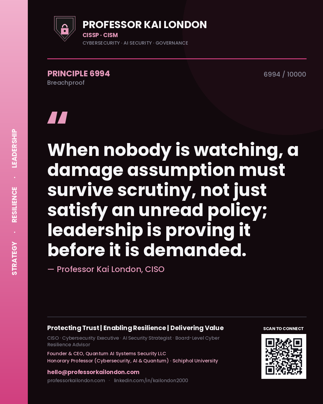 Quote card by Professor Kai London reading 'When nobody is watching, a damage assumption must survive scrutiny, not just satisfy an unread policy; leadership is proving it before it is demanded.'. From the book Breachproof.