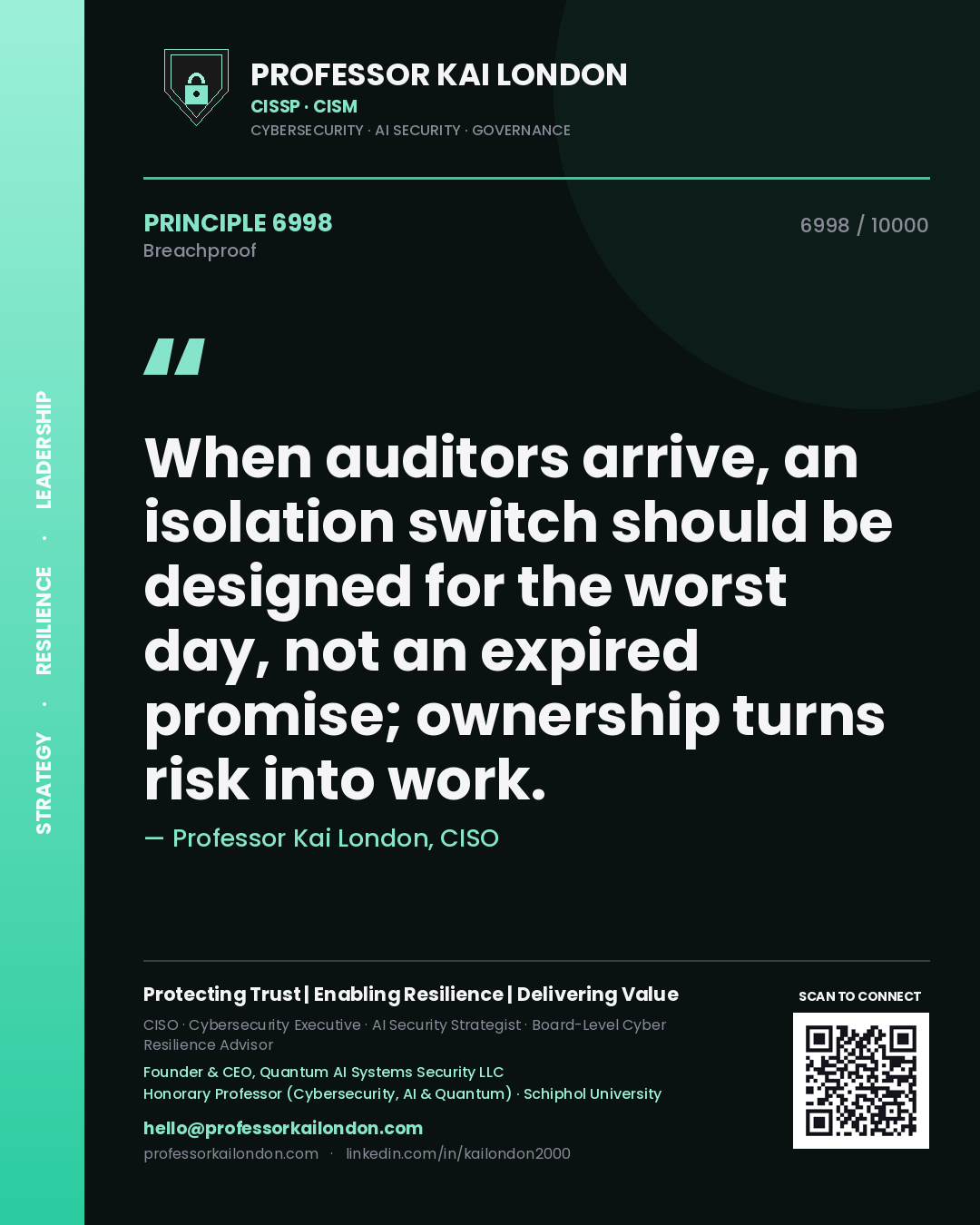 Quote card by Professor Kai London reading 'When auditors arrive, an isolation switch should be designed for the worst day, not an expired promise; ownership turns risk into work.'. From the book Breachproof.