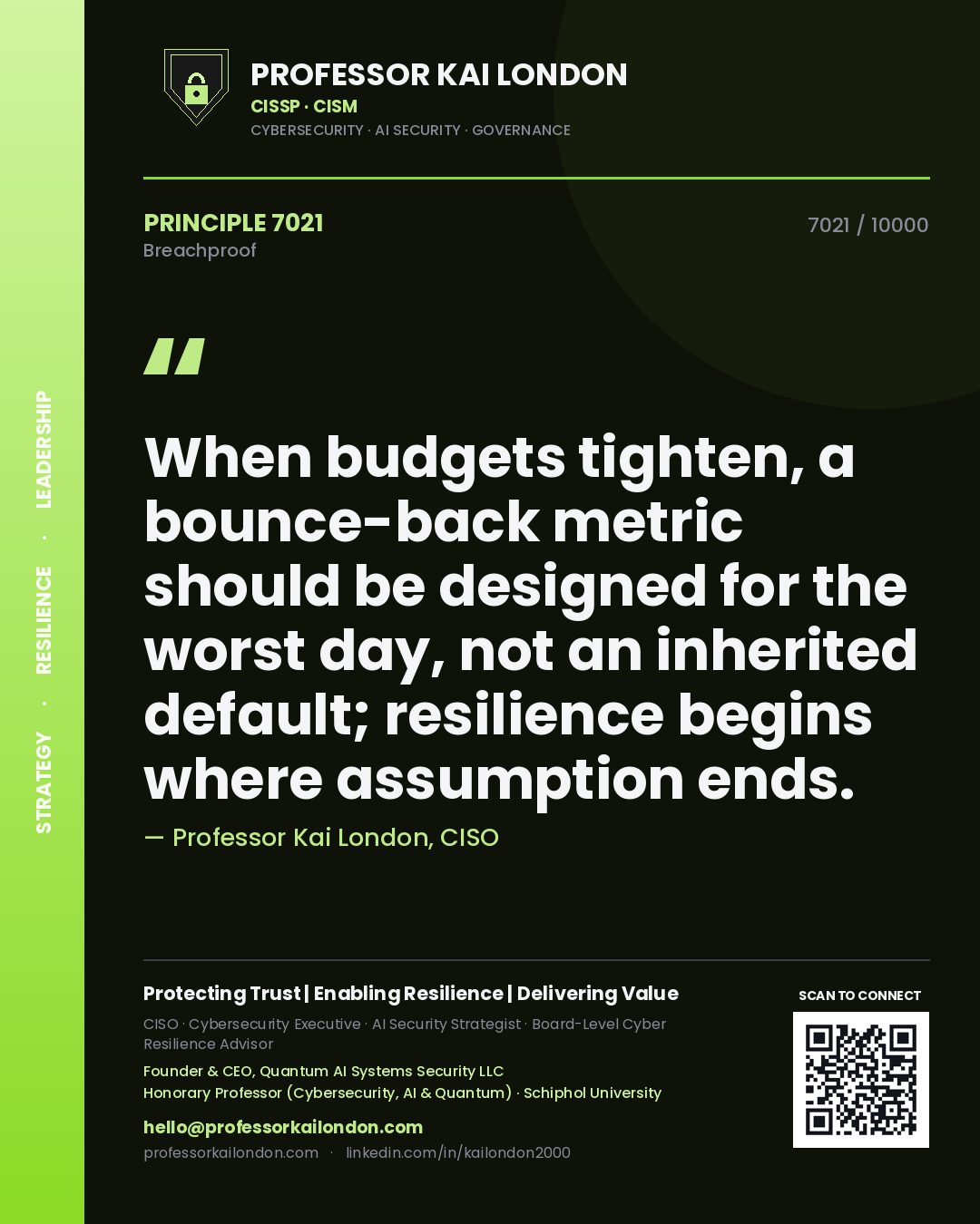 Quote card by Professor Kai London reading 'When budgets tighten, a bounce-back metric should be designed for the worst day, not an inherited default; resilience begins where assumption ends.'. From the book Breachproof.