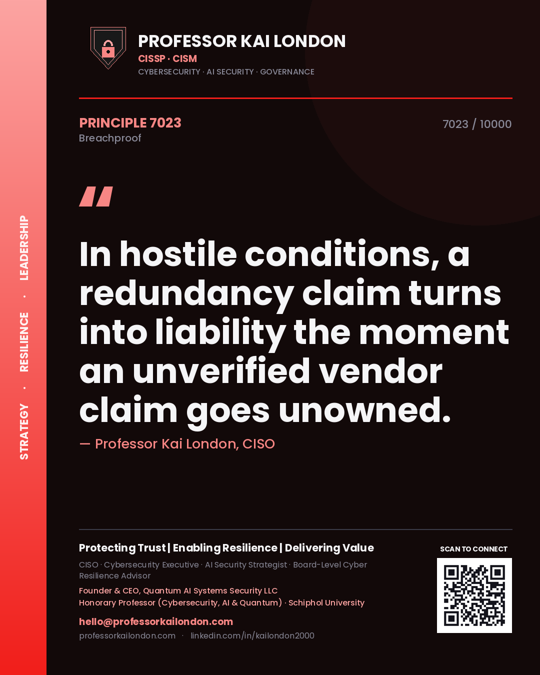 Quote card by Professor Kai London reading 'In hostile conditions, a redundancy claim turns into liability the moment an unverified vendor claim goes unowned.'. From the book Breachproof.