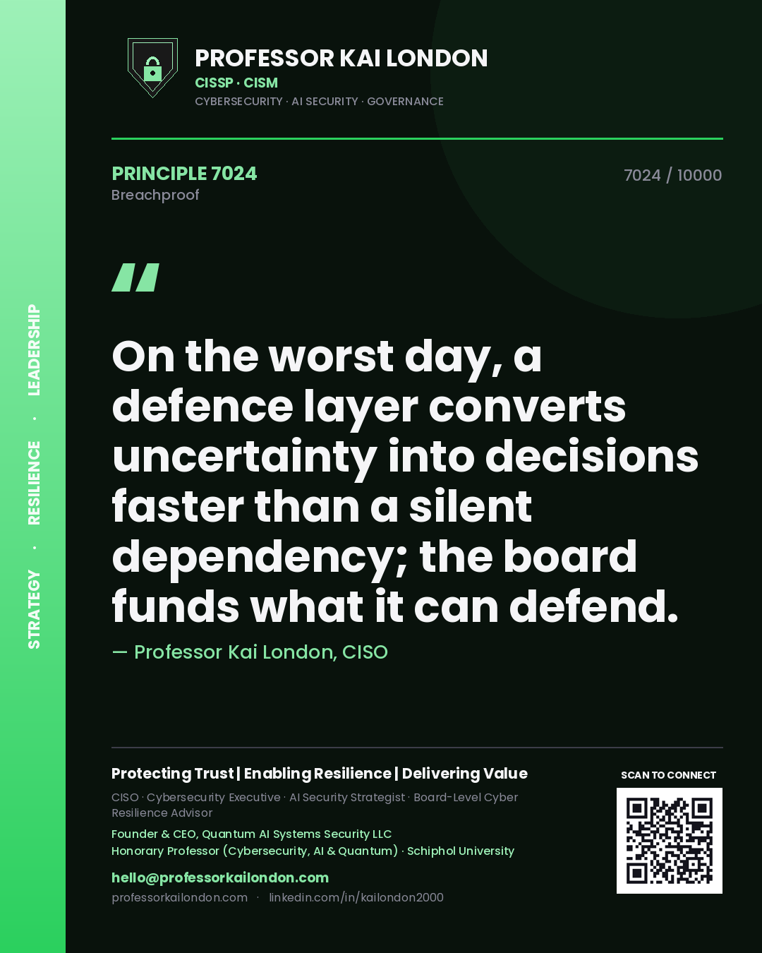 Quote card by Professor Kai London reading 'On the worst day, a defence layer converts uncertainty into decisions faster than a silent dependency; the board funds what it can defend.'. From the book Breachproof.