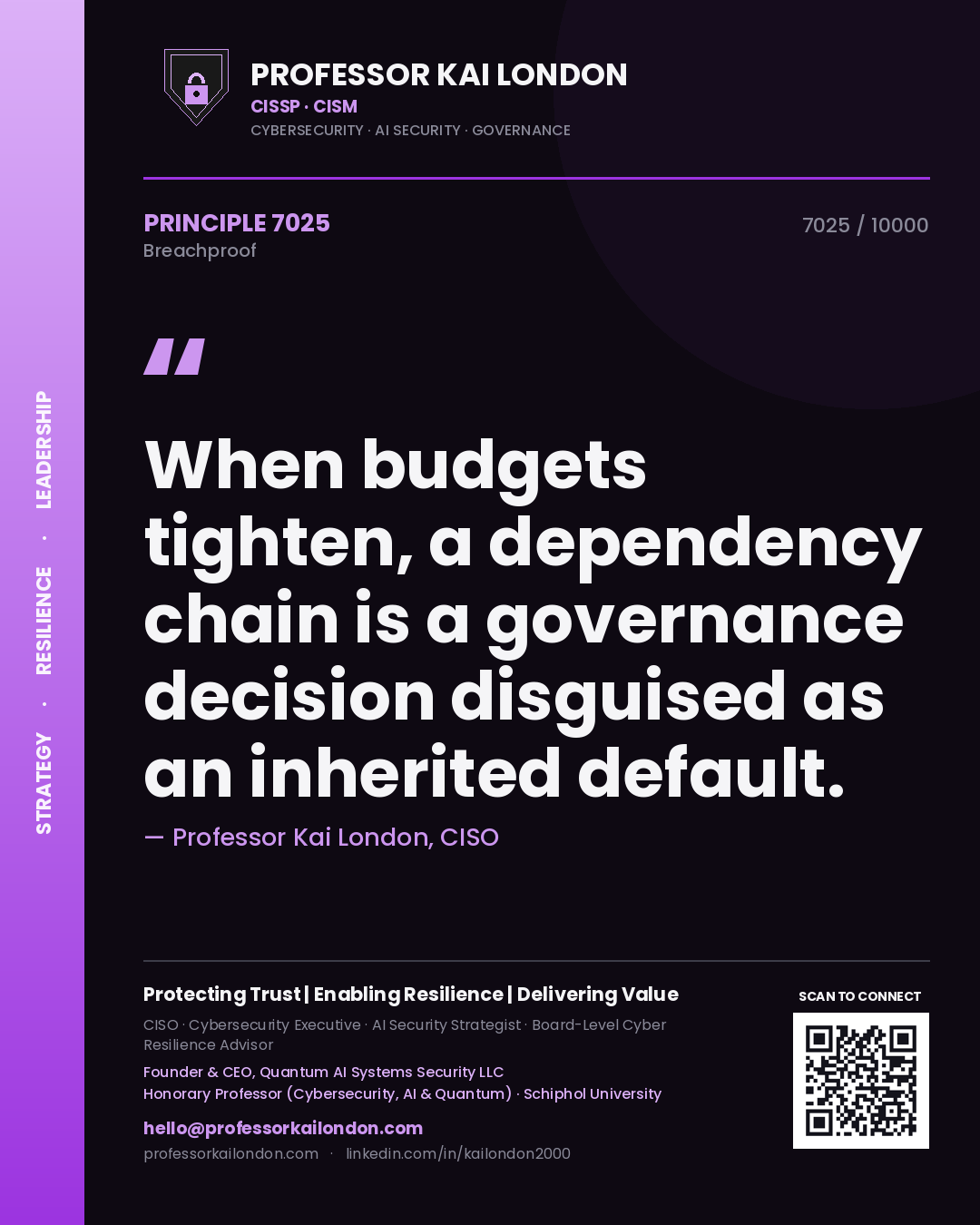 Quote card by Professor Kai London reading 'When budgets tighten, a dependency chain is a governance decision disguised as an inherited default.'. From the book Breachproof.