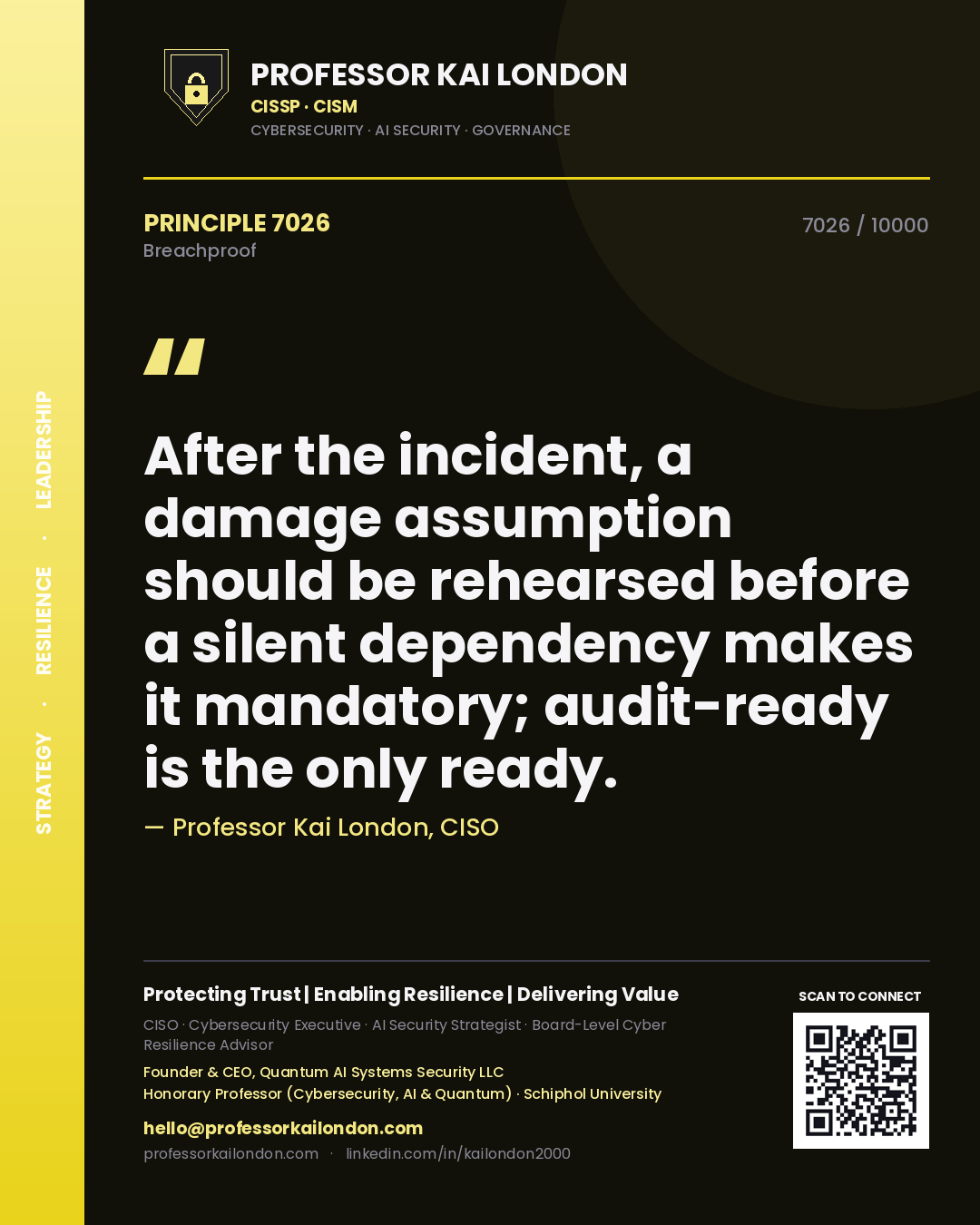 Professor Kai London principle 7026: After the incident, a damage assumption should be rehearsed before a silent dependency makes it mandatory; audit-ready is the only ready.