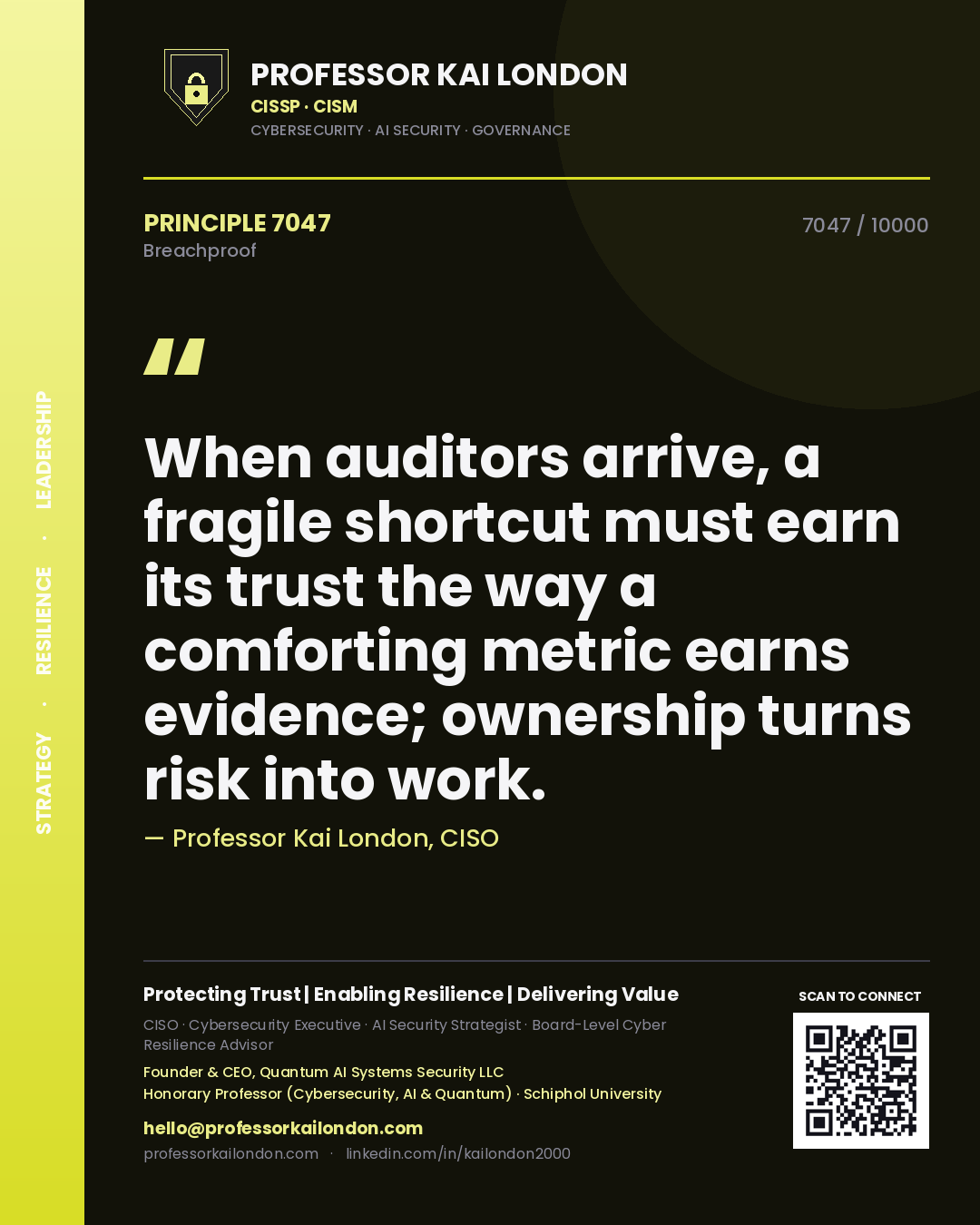 Quote card by Professor Kai London reading 'When auditors arrive, a fragile shortcut must earn its trust the way a comforting metric earns evidence; ownership turns risk into work.'. From the book Breachproof.