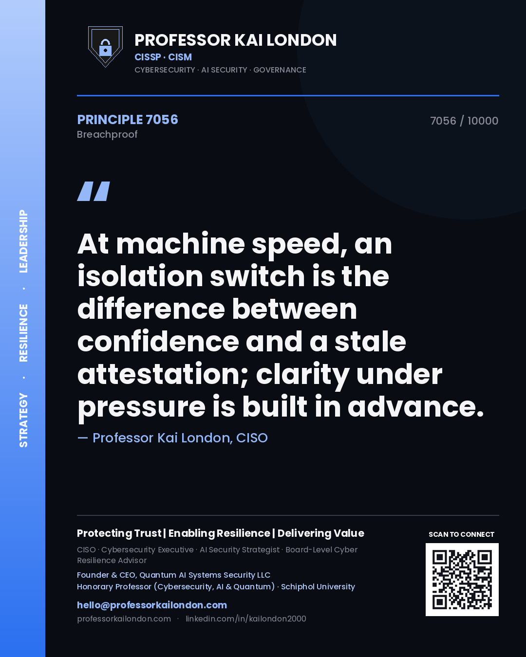 Quote card by Professor Kai London reading 'At machine speed, an isolation switch is the difference between confidence and a stale attestation; clarity under pressure is built in advance.'. From the book Breachproof.