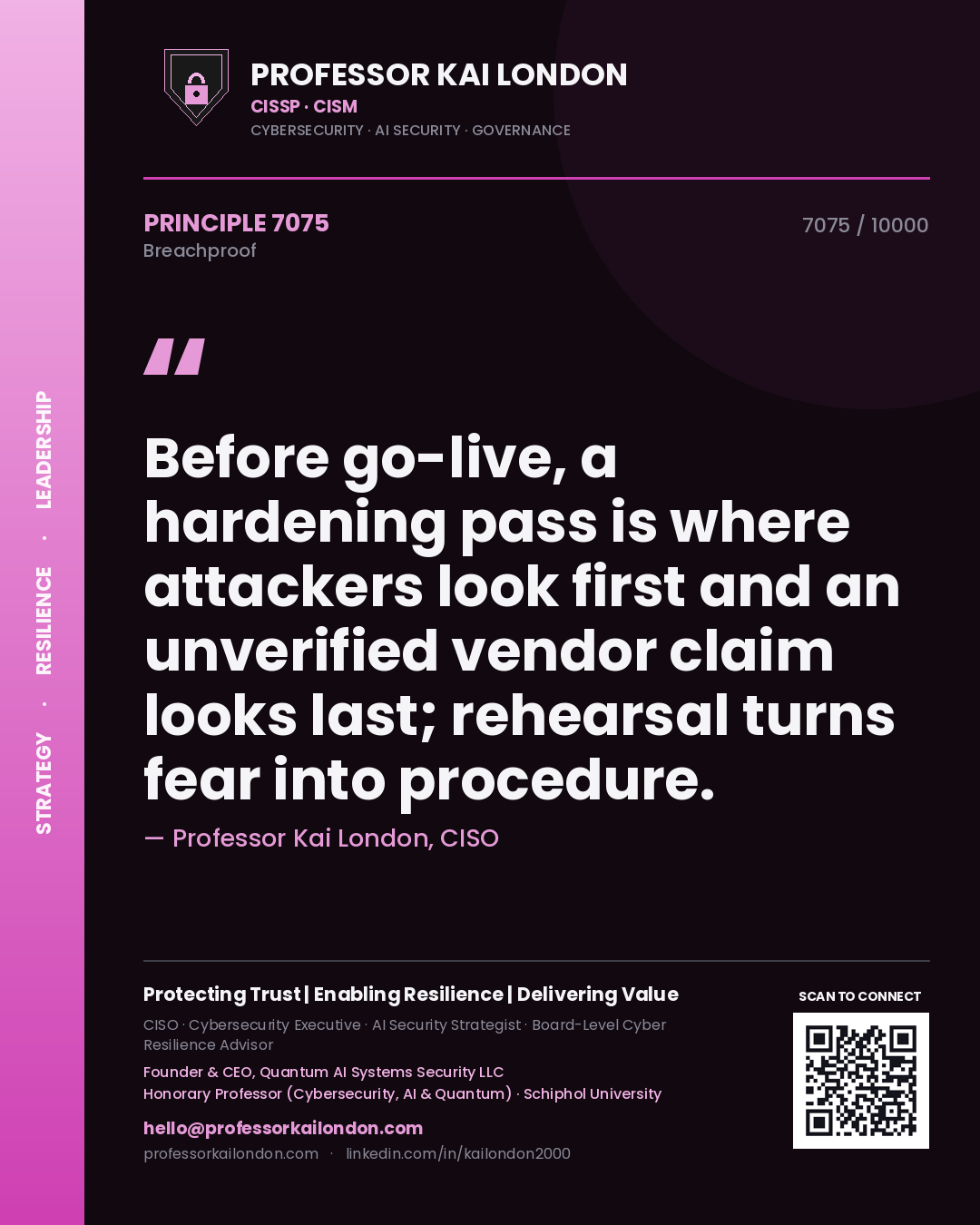 Quote card by Professor Kai London reading 'Before go-live, a hardening pass is where attackers look first and an unverified vendor claim looks last; rehearsal turns fear into procedure.'. From the book Breachproof.