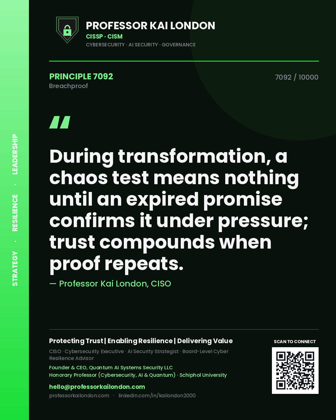 Quote card by Professor Kai London reading 'During transformation, a chaos test means nothing until an expired promise confirms it under pressure; trust compounds when proof repeats.'. From the book Breachproof.