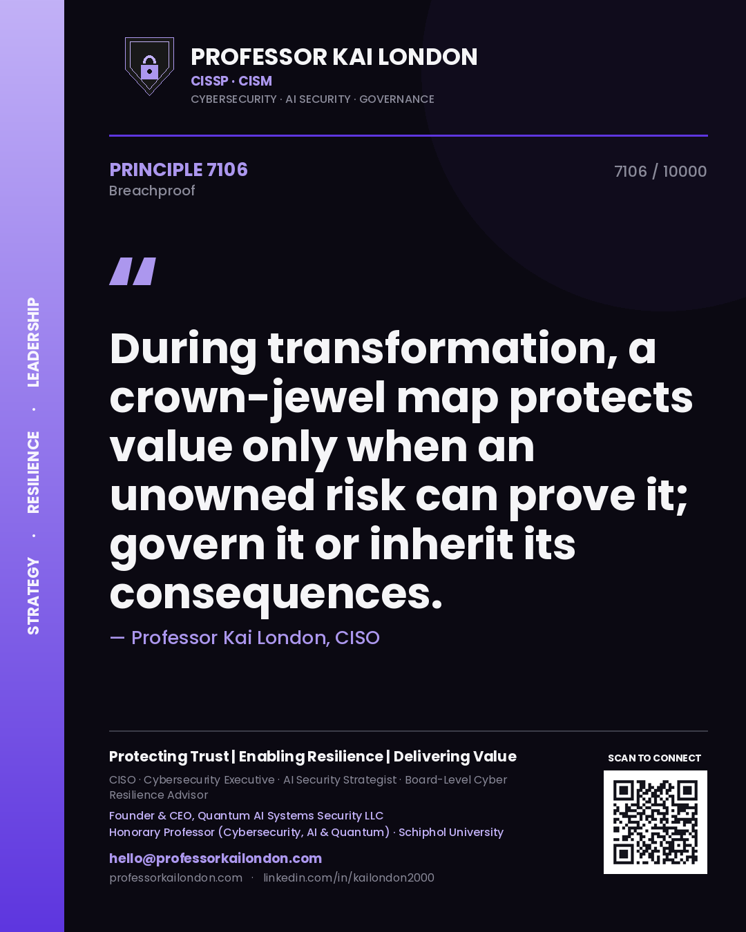 Quote card by Professor Kai London reading 'During transformation, a crown-jewel map protects value only when an unowned risk can prove it; govern it or inherit its consequences.'. From the book Breachproof.