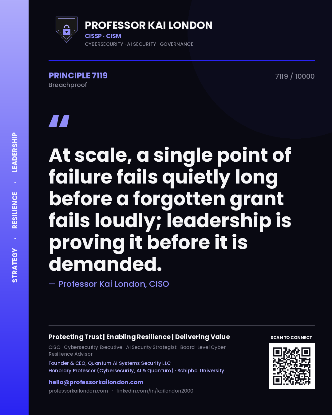 Quote card by Professor Kai London reading 'At scale, a single point of failure fails quietly long before a forgotten grant fails loudly; leadership is proving it before it is demanded.'. From the book Breachproof.