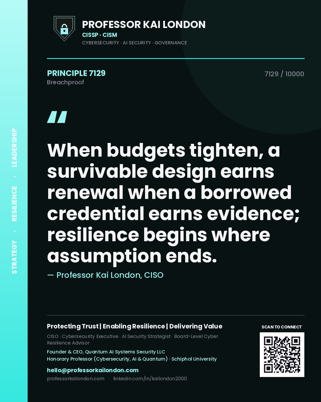 Professor Kai London principle 7129: When budgets tighten, a survivable design earns renewal when a borrowed credential earns evidence; resilience begins where assumption ends.