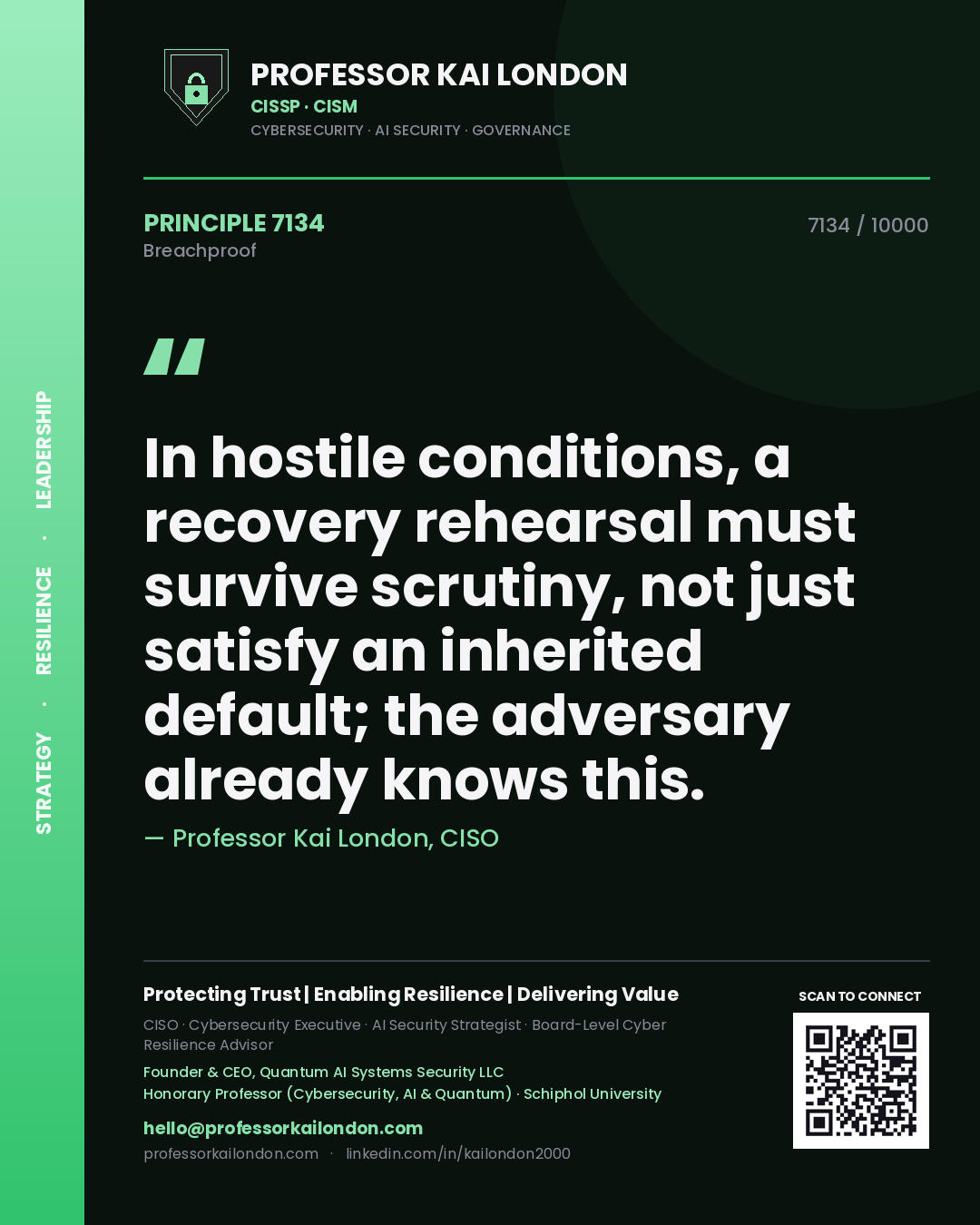 Professor Kai London principle 7134: In hostile conditions, a recovery rehearsal must survive scrutiny, not just satisfy an inherited default; the adversary already knows this.