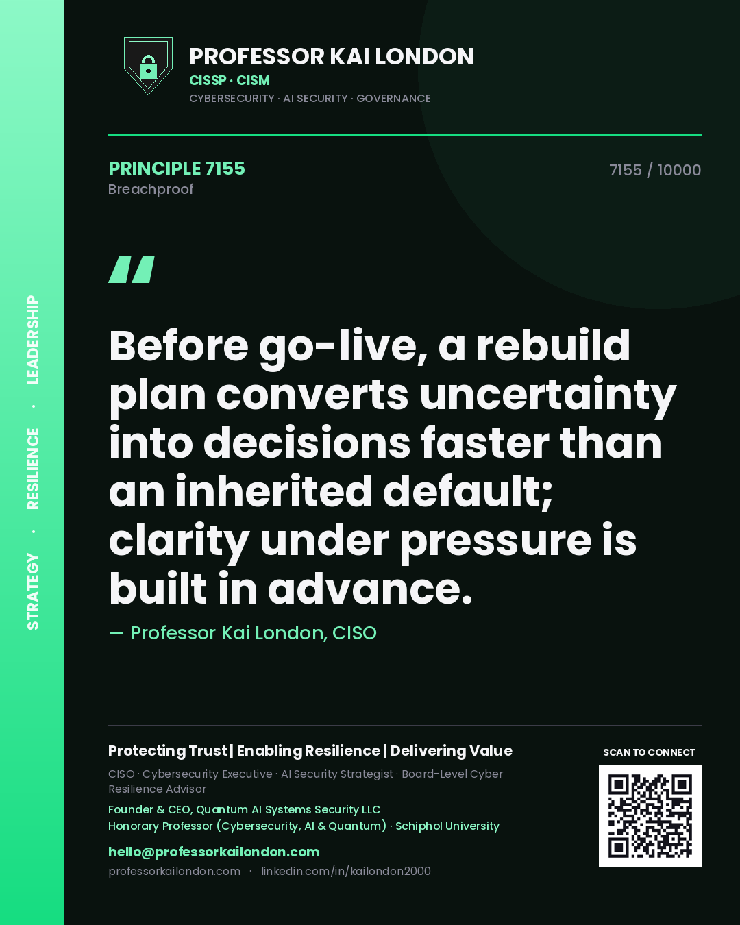Quote card by Professor Kai London reading 'Before go-live, a rebuild plan converts uncertainty into decisions faster than an inherited default; clarity under pressure is built in advance.'. From the book Breachproof.