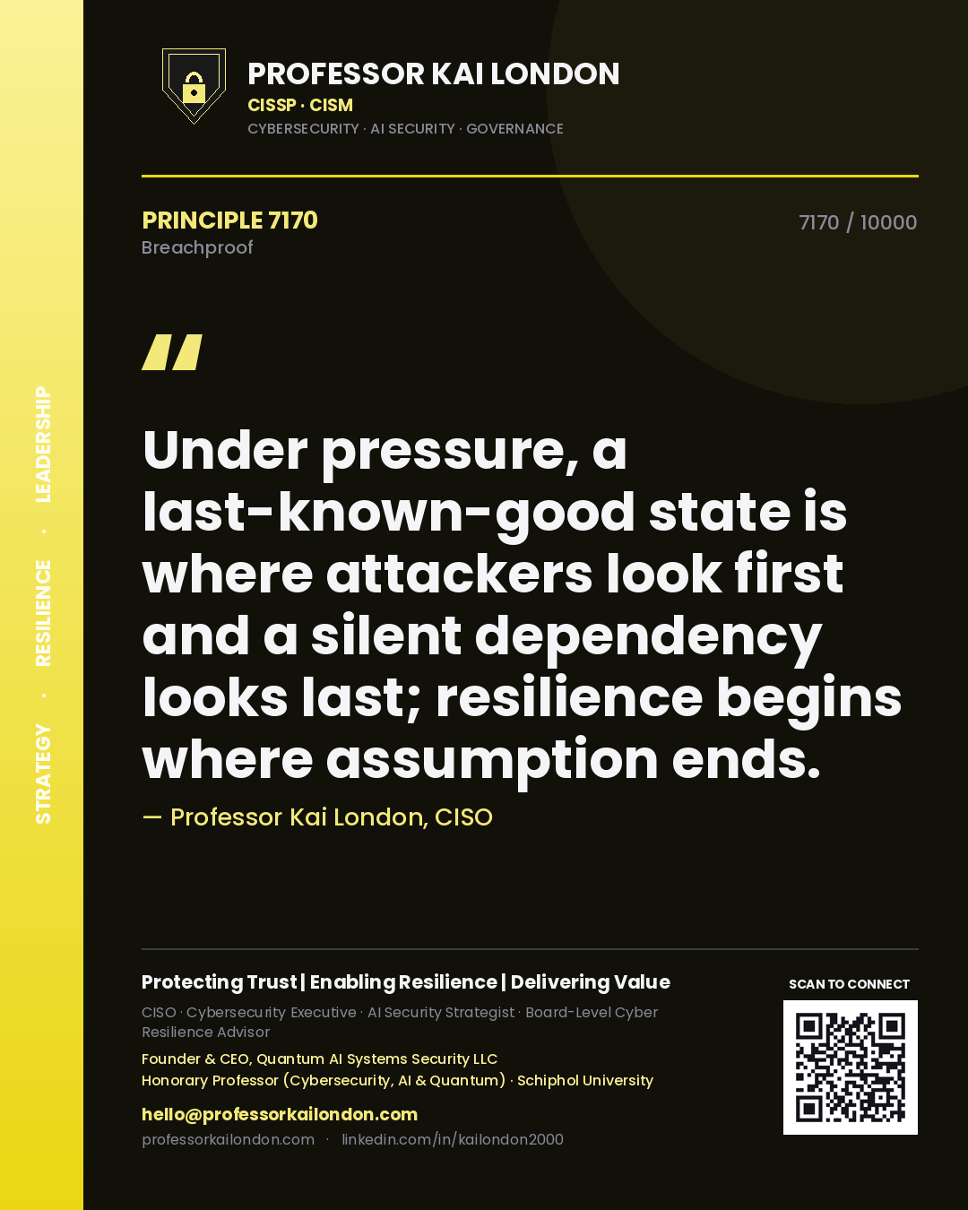 Quote card by Professor Kai London reading 'Under pressure, a last-known-good state is where attackers look first and a silent dependency looks last; resilience begins where assumption ends.'. From the book Breachproof.