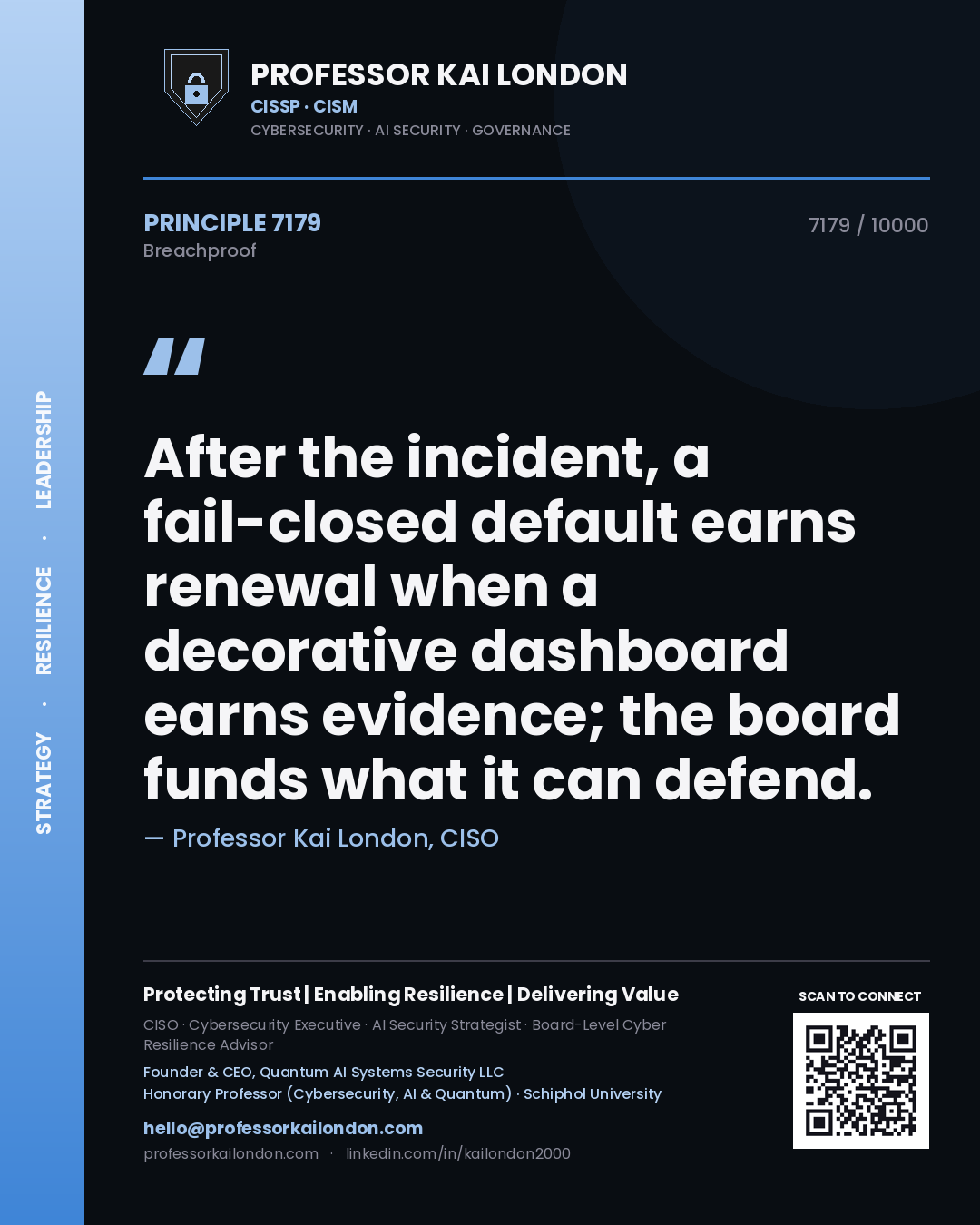 Quote card by Professor Kai London reading 'After the incident, a fail-closed default earns renewal when a decorative dashboard earns evidence; the board funds what it can defend.'. From the book Breachproof.