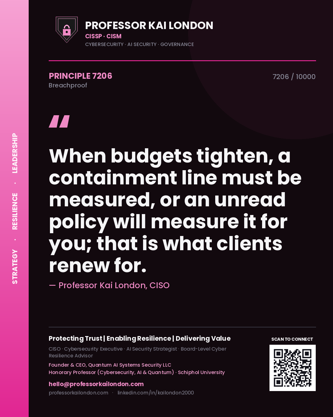 Professor Kai London principle 7206: When budgets tighten, a containment line must be measured, or an unread policy will measure it for you; that is what clients renew for.