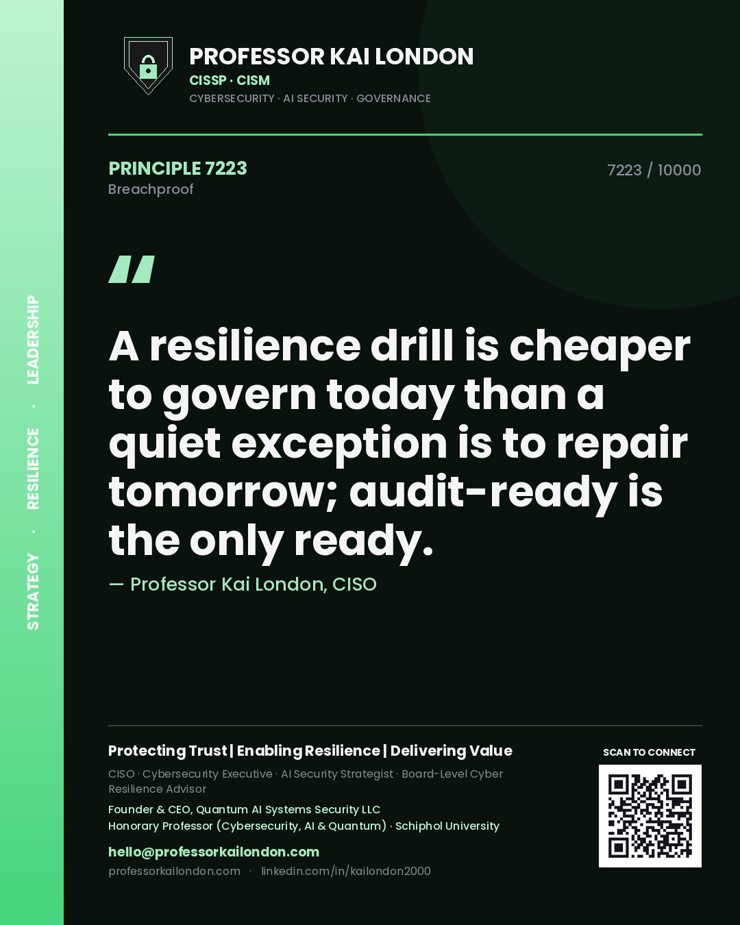 Professor Kai London principle 7223: A resilience drill is cheaper to govern today than a quiet exception is to repair tomorrow; audit-ready is the only ready.