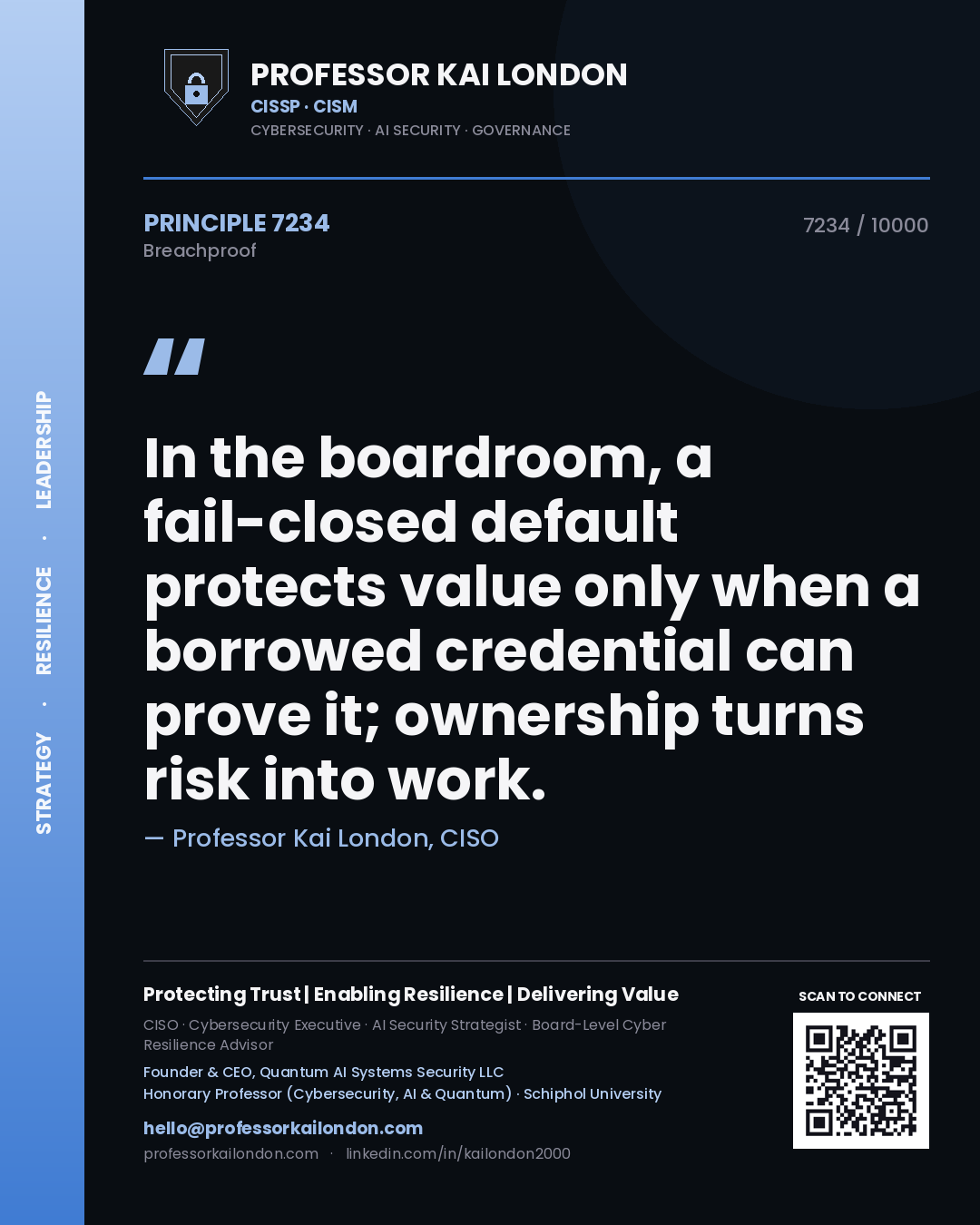 Professor Kai London principle 7234: In the boardroom, a fail-closed default protects value only when a borrowed credential can prove it; ownership turns risk into work.
