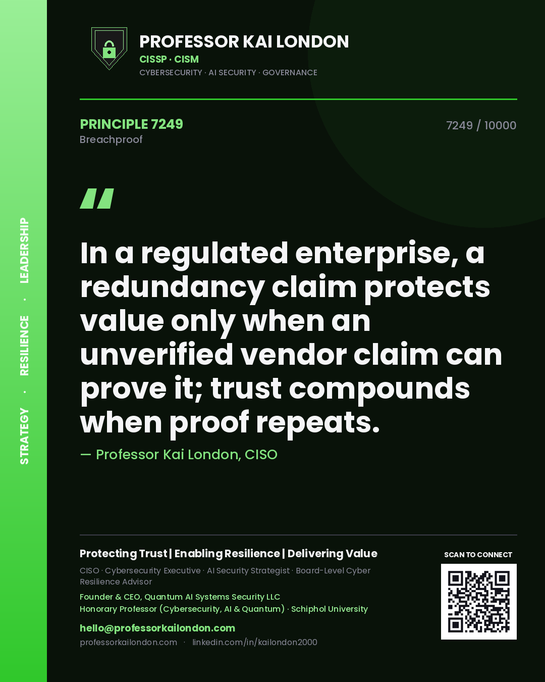 Quote card by Professor Kai London reading 'In a regulated enterprise, a redundancy claim protects value only when an unverified vendor claim can prove it; trust compounds when proof repeats.'. From the book Breachproof.