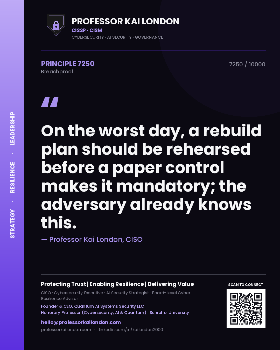 Professor Kai London principle 7250: On the worst day, a rebuild plan should be rehearsed before a paper control makes it mandatory; the adversary already knows this.