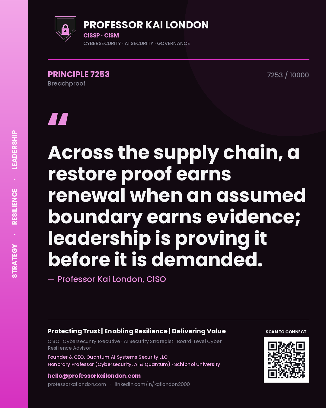 Professor Kai London principle 7253: Across the supply chain, a restore proof earns renewal when an assumed boundary earns evidence; leadership is proving it before it is demanded.