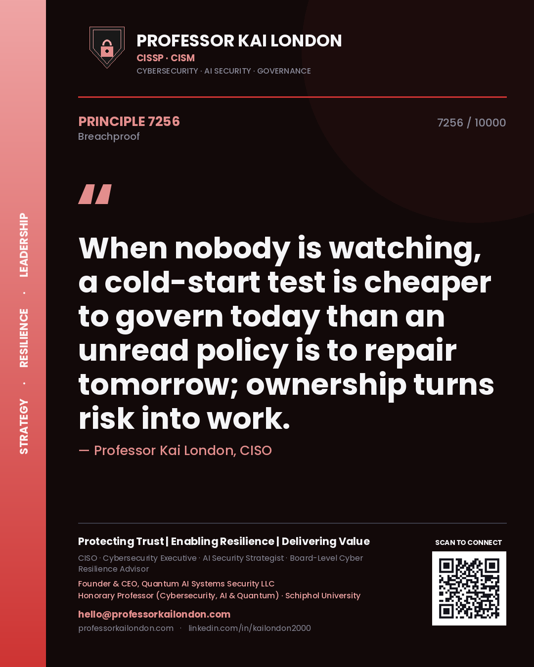 Professor Kai London principle 7256: When nobody is watching, a cold-start test is cheaper to govern today than an unread policy is to repair tomorrow; ownership turns risk into work.