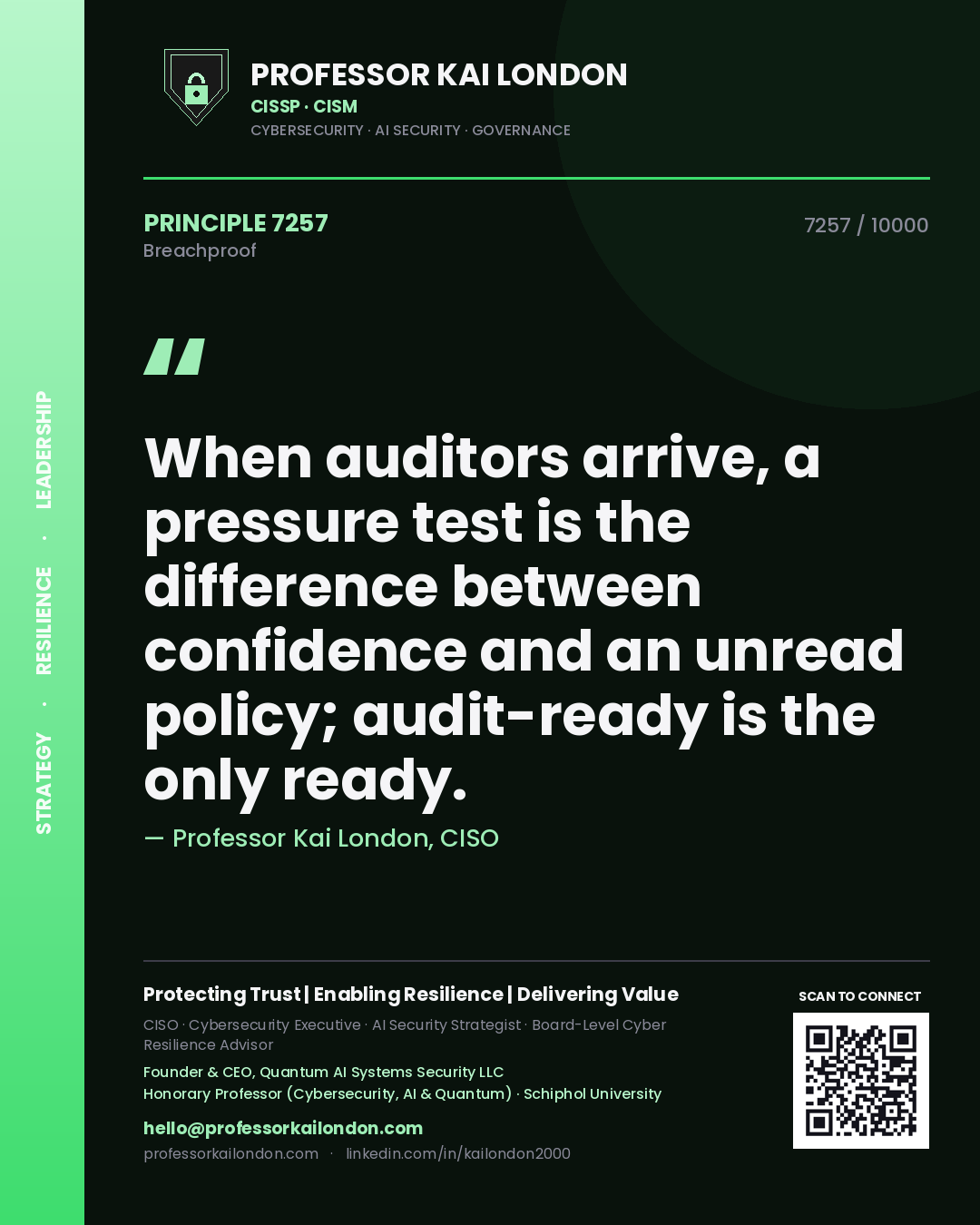 Quote card by Professor Kai London reading 'When auditors arrive, a pressure test is the difference between confidence and an unread policy; audit-ready is the only ready.'. From the book Breachproof.