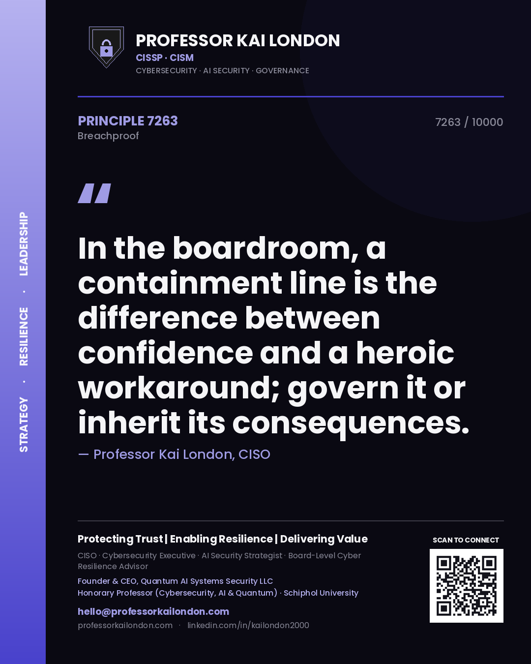 Quote card by Professor Kai London reading 'In the boardroom, a containment line is the difference between confidence and a heroic workaround; govern it or inherit its consequences.'. From the book Breachproof.