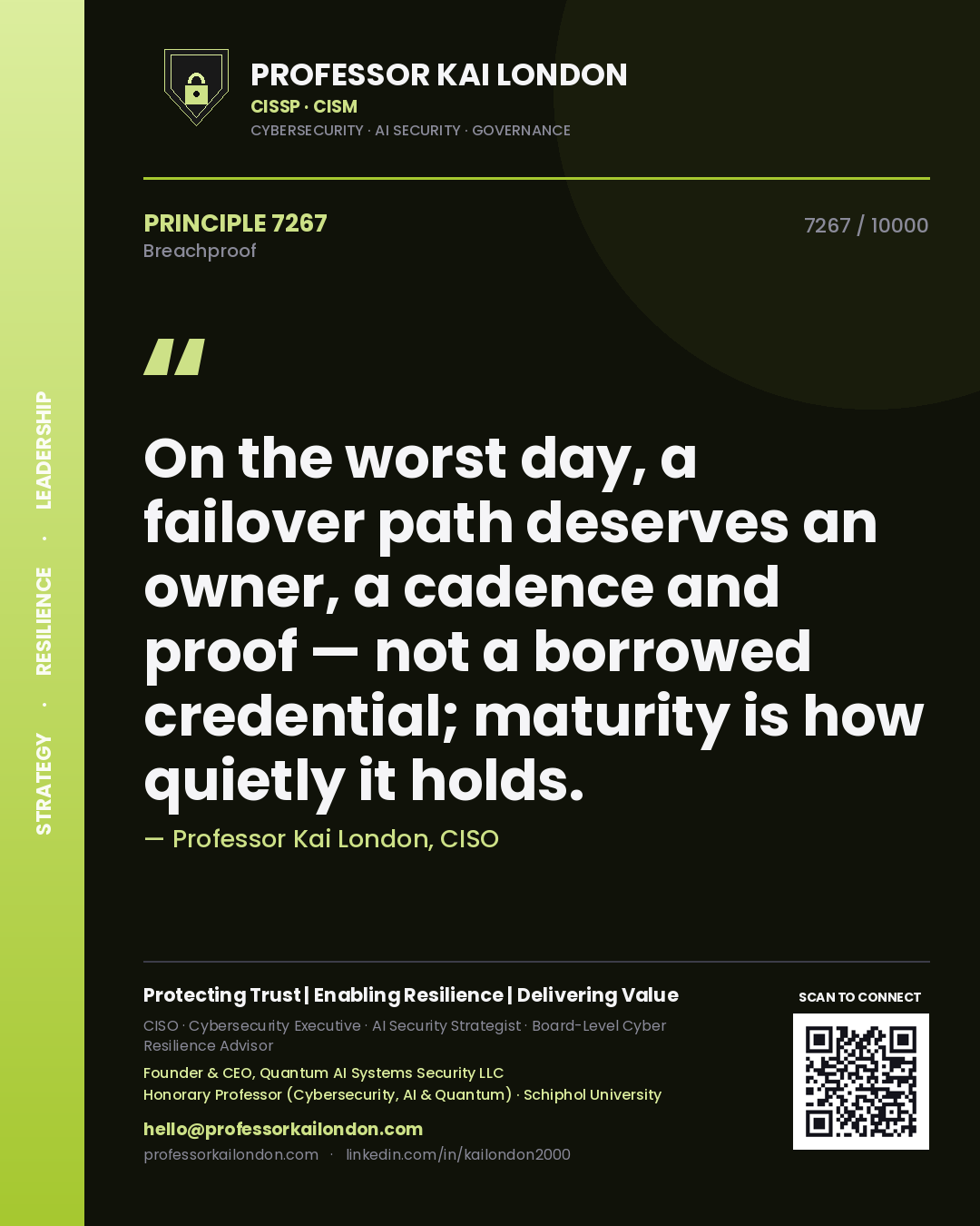 Professor Kai London principle 7267: On the worst day, a failover path deserves an owner, a cadence and proof — not a borrowed credential; maturity is how quietly it holds.