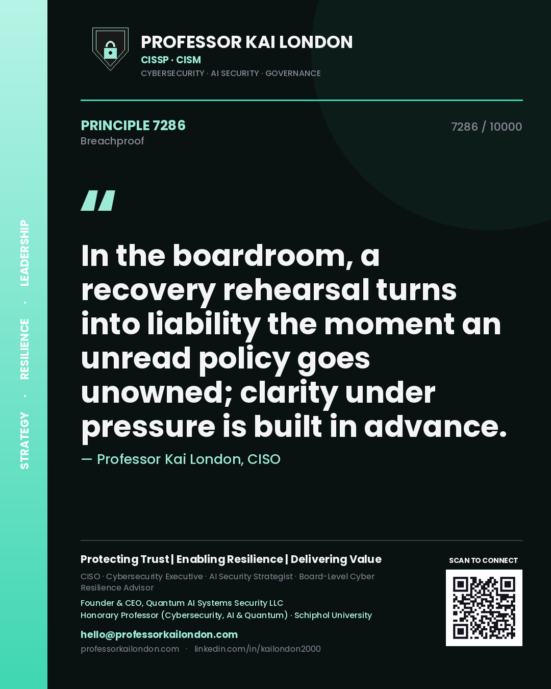 Professor Kai London principle 7286: In the boardroom, a recovery rehearsal turns into liability the moment an unread policy goes unowned; clarity under pressure is built in advance.