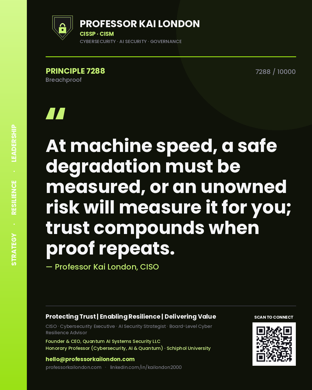 Professor Kai London principle 7288: At machine speed, a safe degradation must be measured, or an unowned risk will measure it for you; trust compounds when proof repeats.