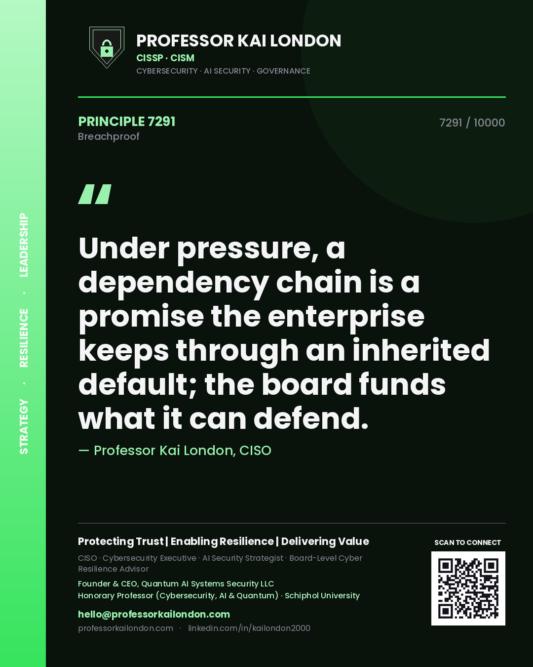 Professor Kai London principle 7291: Under pressure, a dependency chain is a promise the enterprise keeps through an inherited default; the board funds what it can defend.