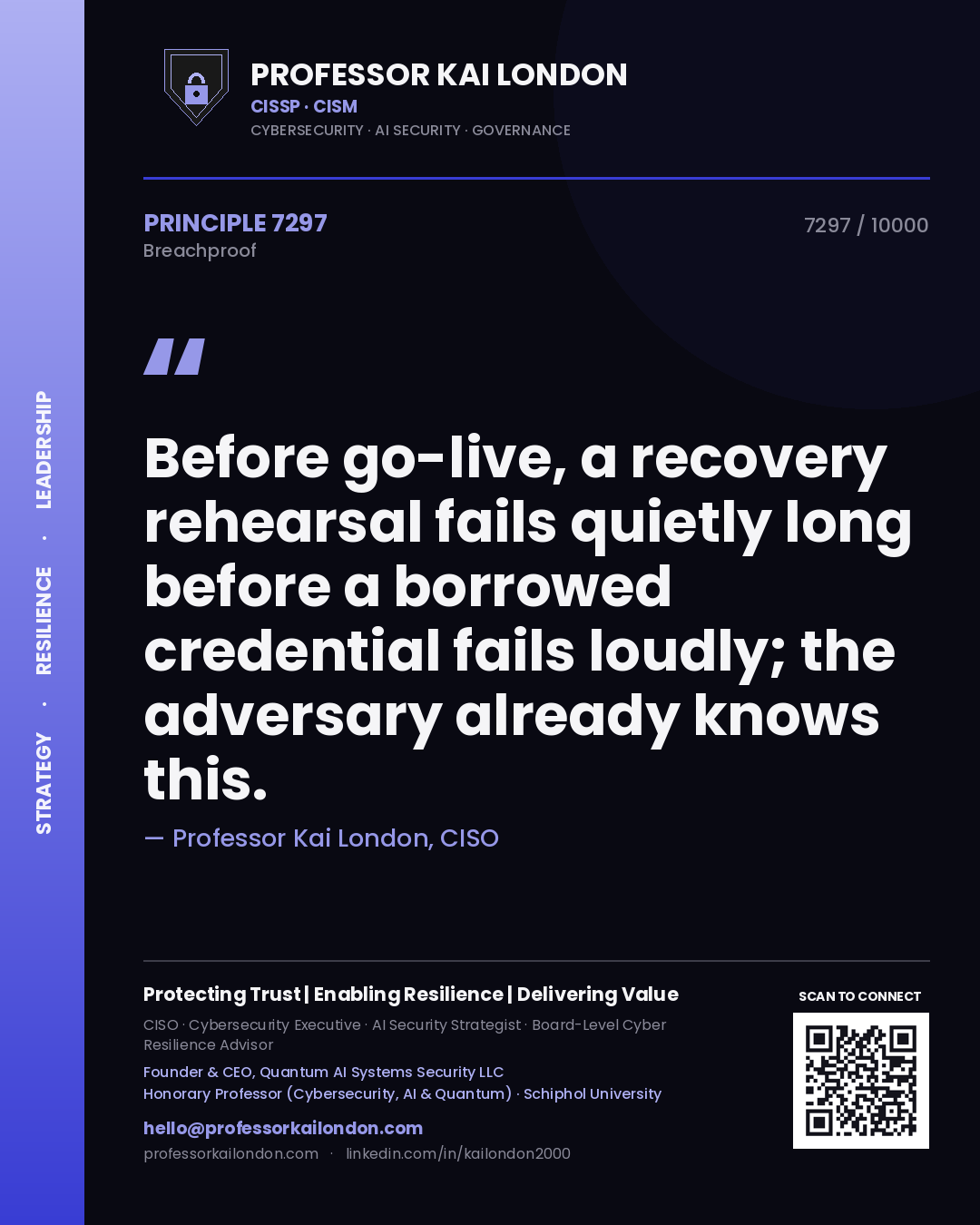Professor Kai London principle 7297: Before go-live, a recovery rehearsal fails quietly long before a borrowed credential fails loudly; the adversary already knows this.