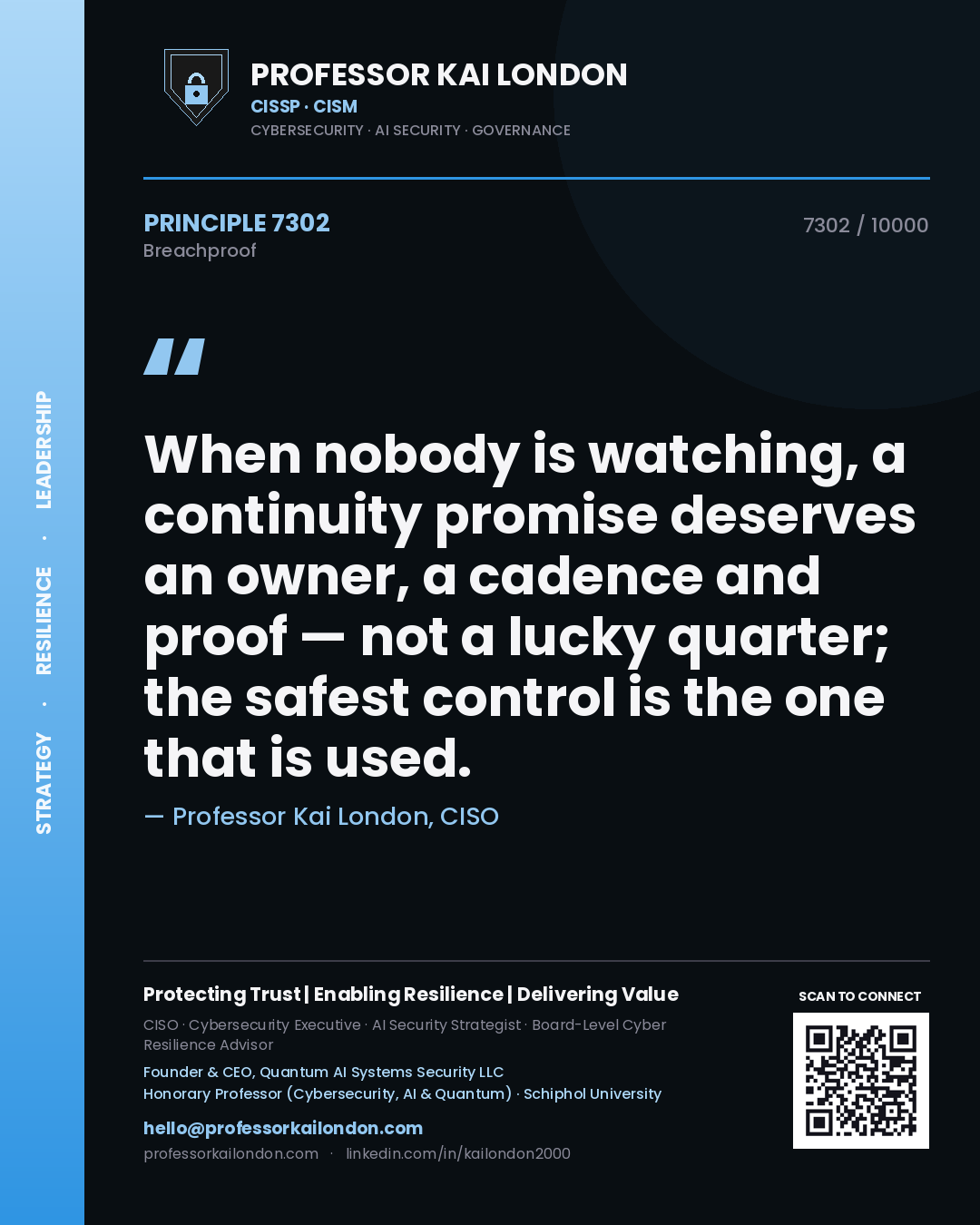 Quote card by Professor Kai London reading 'When nobody is watching, a continuity promise deserves an owner, a cadence and proof — not a lucky quarter; the safest control is the one that is used.'. From the book Breachproof.