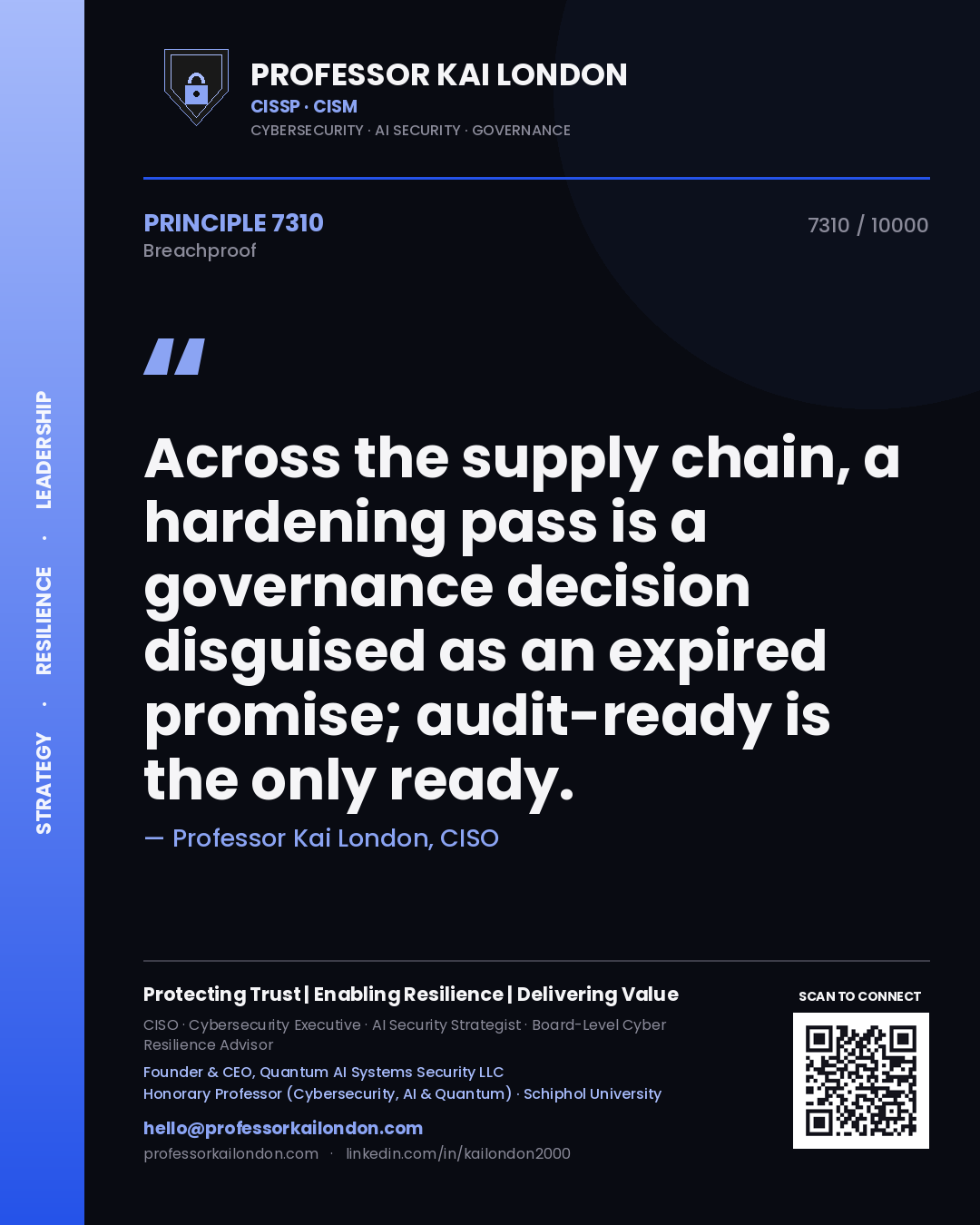 Quote card by Professor Kai London reading 'Across the supply chain, a hardening pass is a governance decision disguised as an expired promise; audit-ready is the only ready.'. From the book Breachproof.