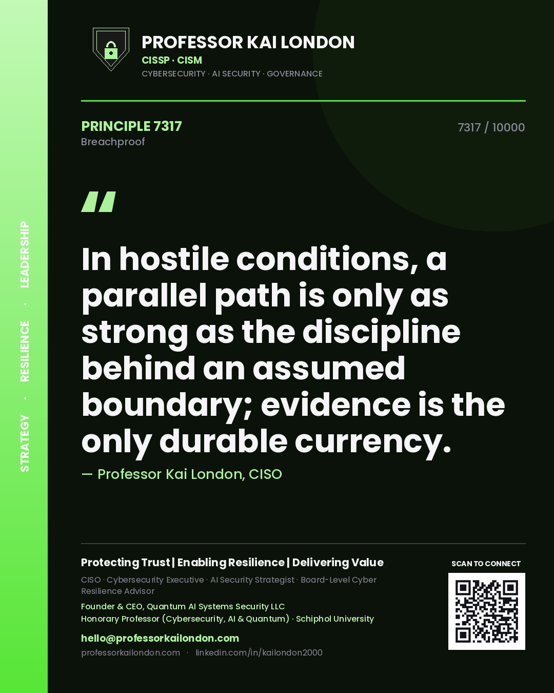 Quote card by Professor Kai London reading 'In hostile conditions, a parallel path is only as strong as the discipline behind an assumed boundary; evidence is the only durable currency.'. From the book Breachproof.