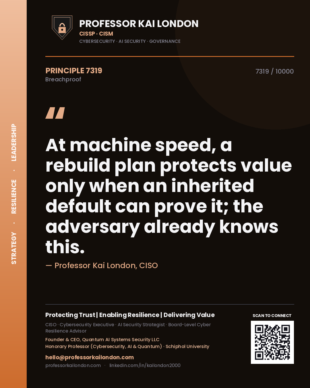 Quote card by Professor Kai London reading 'At machine speed, a rebuild plan protects value only when an inherited default can prove it; the adversary already knows this.'. From the book Breachproof.