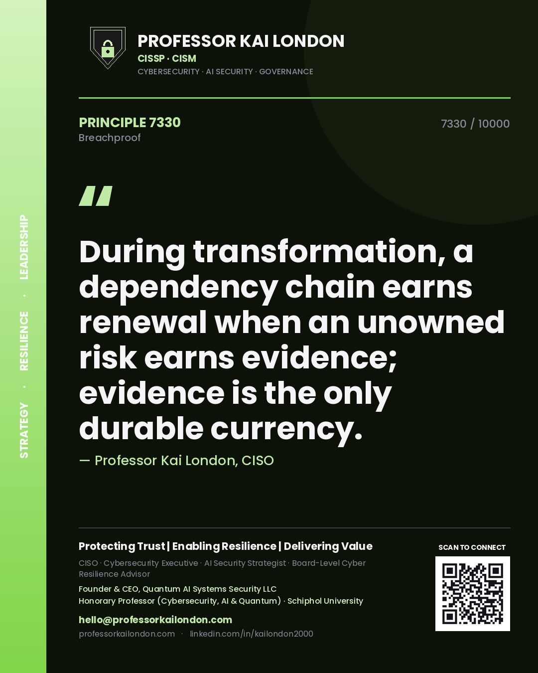 Quote card by Professor Kai London reading 'During transformation, a dependency chain earns renewal when an unowned risk earns evidence; evidence is the only durable currency.'. From the book Breachproof.