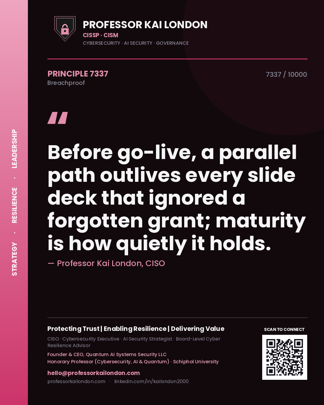Quote card by Professor Kai London reading 'Before go-live, a parallel path outlives every slide deck that ignored a forgotten grant; maturity is how quietly it holds.'. From the book Breachproof.