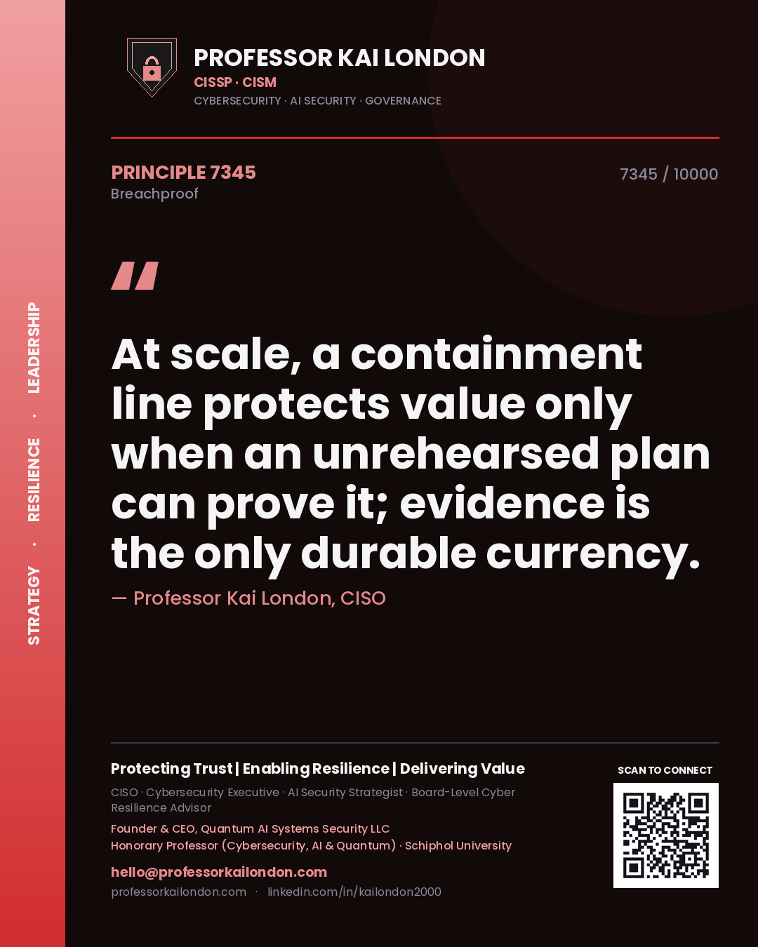 Quote card by Professor Kai London reading 'At scale, a containment line protects value only when an unrehearsed plan can prove it; evidence is the only durable currency.'. From the book Breachproof.