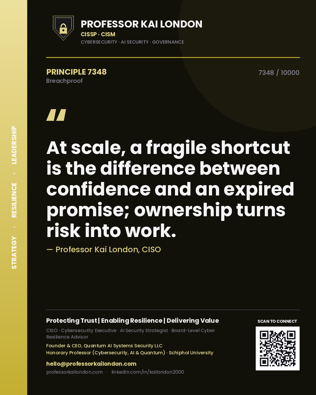 Quote card by Professor Kai London reading 'At scale, a fragile shortcut is the difference between confidence and an expired promise; ownership turns risk into work.'. From the book Breachproof.