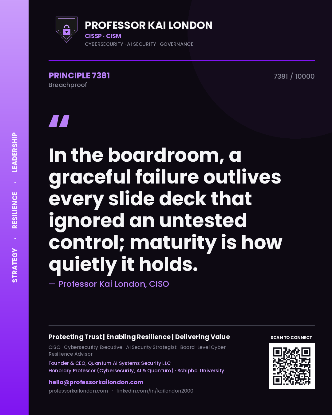 Professor Kai London principle 7381: In the boardroom, a graceful failure outlives every slide deck that ignored an untested control; maturity is how quietly it holds.